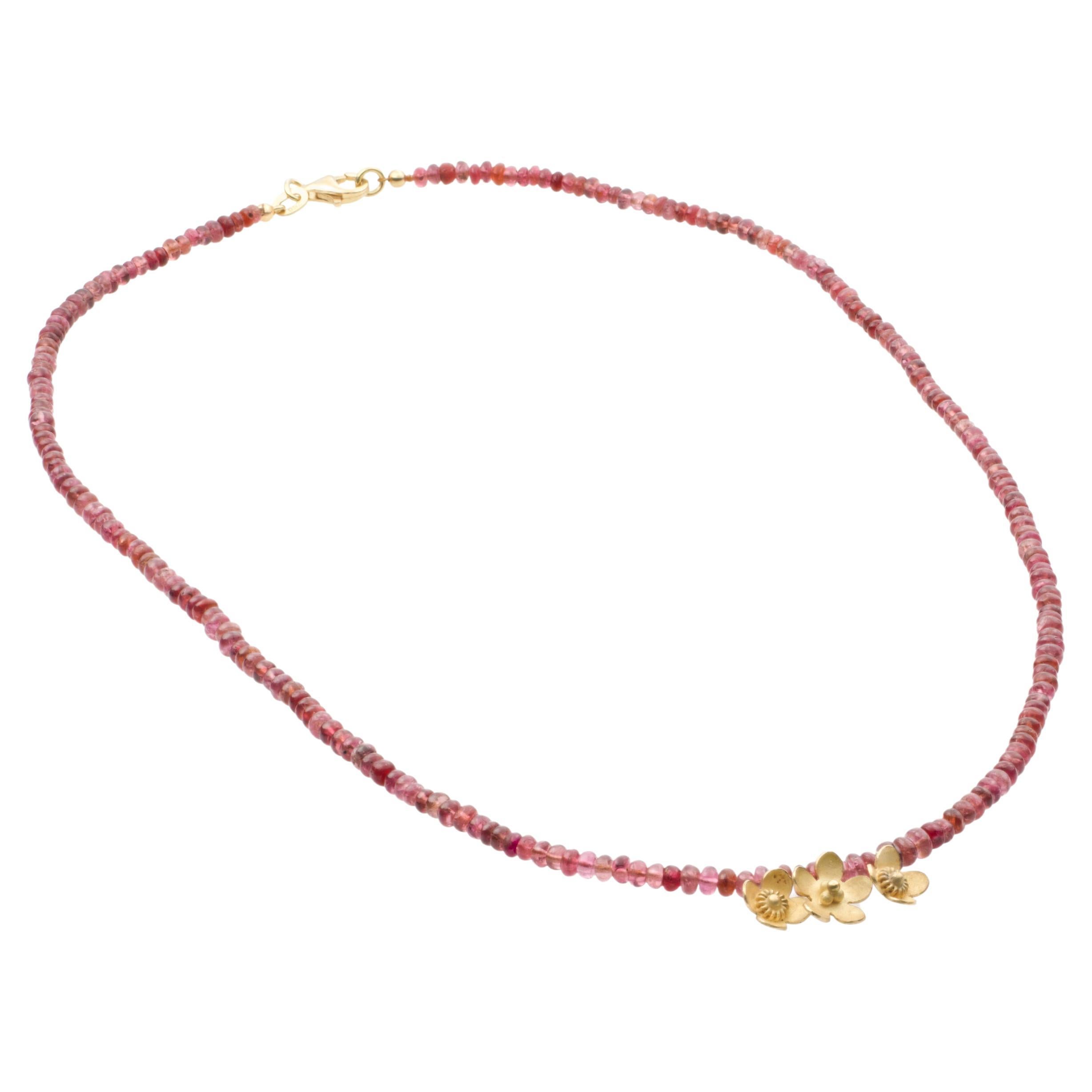18k Gold Short Necklace with Pink Spinel Beads and Gold Flower Charms For Sale