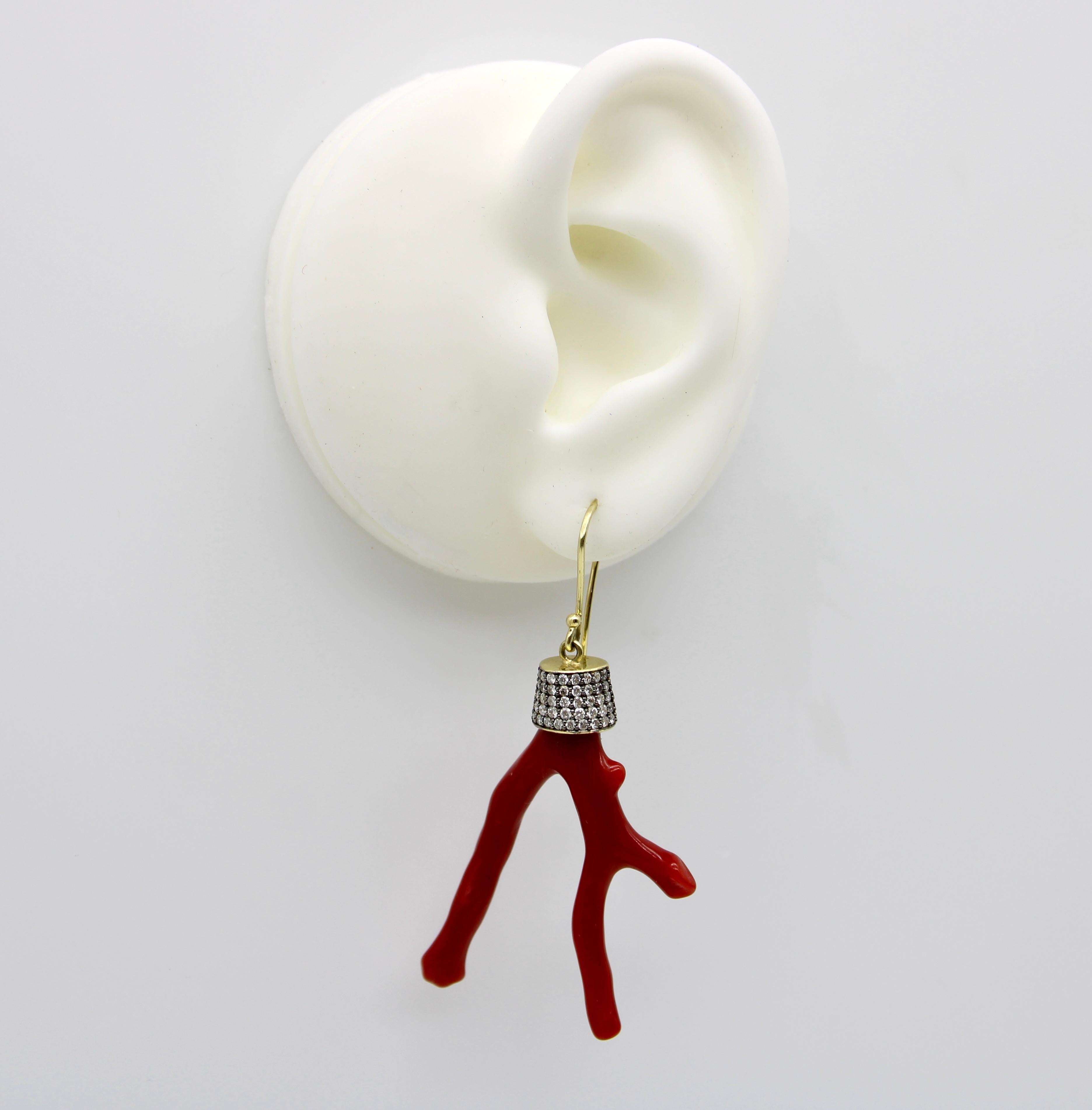 18K Gold Signature Branch Coral and Diamond Studded Earrings For Sale 4