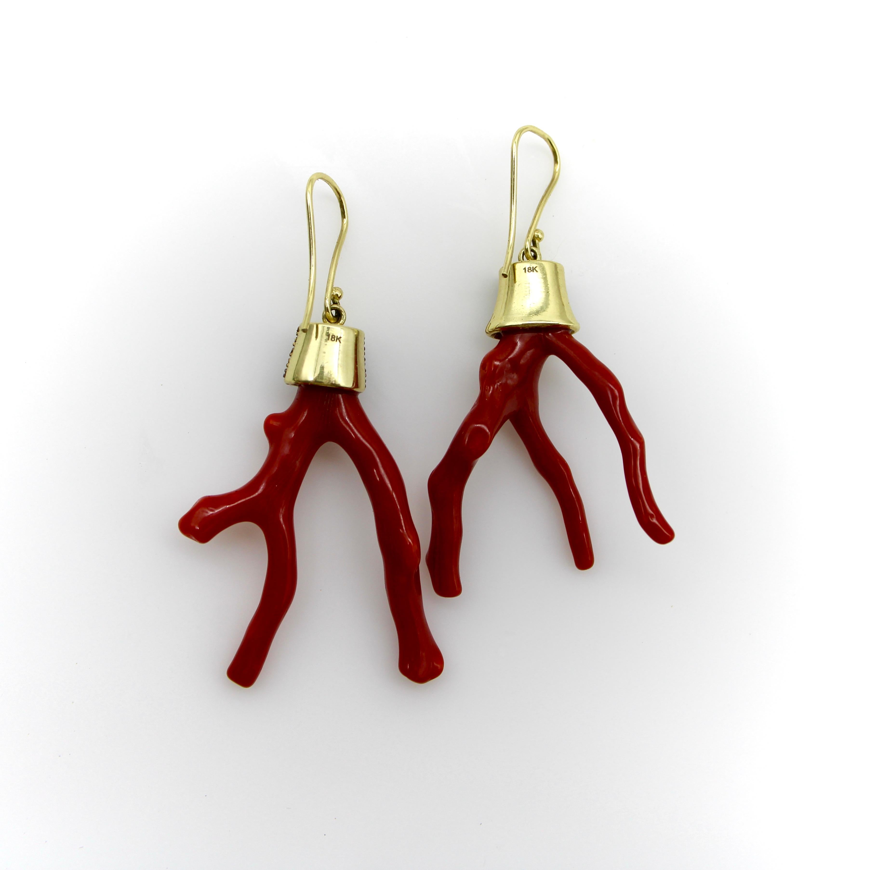Women's or Men's 18K Gold Signature Branch Coral and Diamond Studded Earrings For Sale