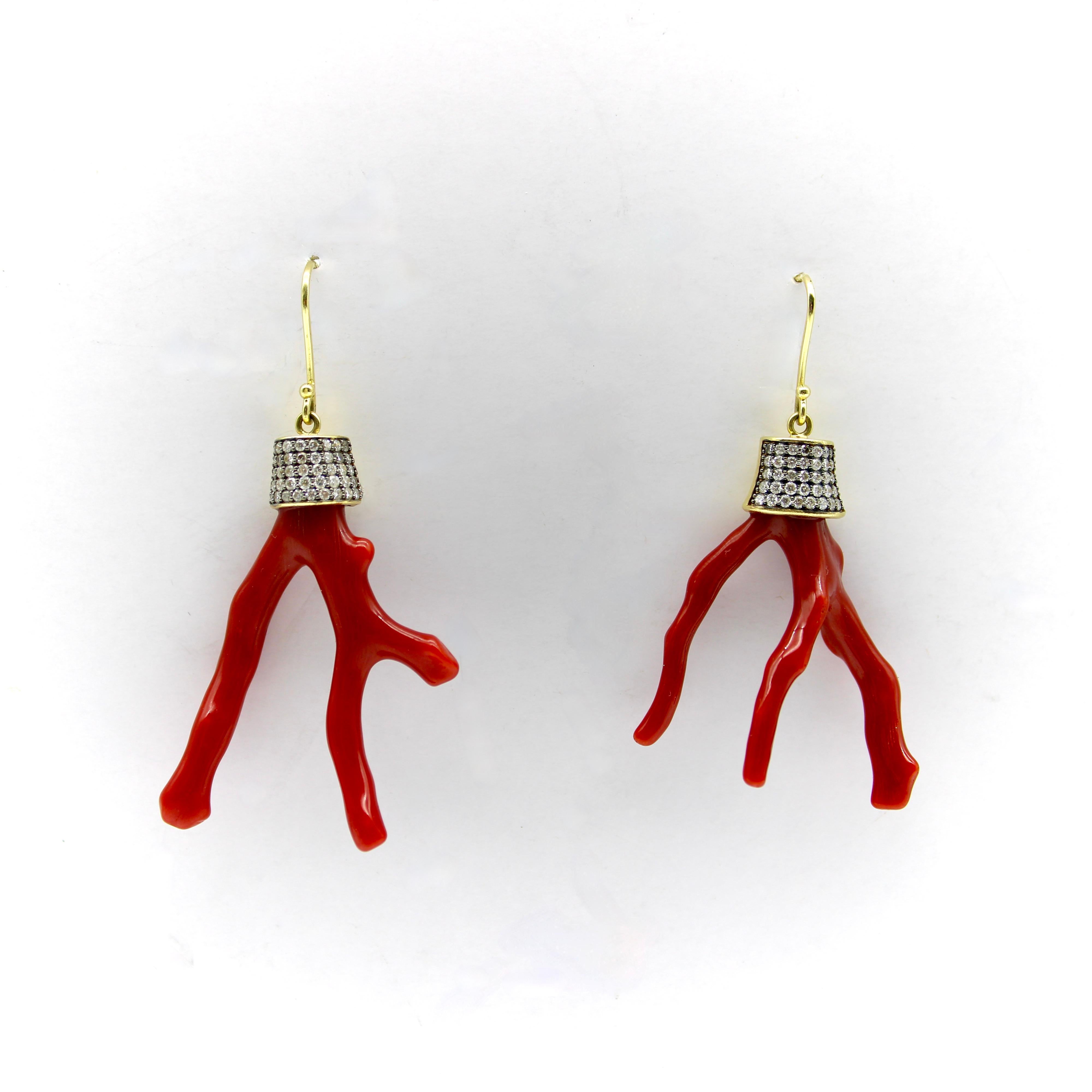 18K Gold Signature Branch Coral and Diamond Studded Earrings For Sale 3