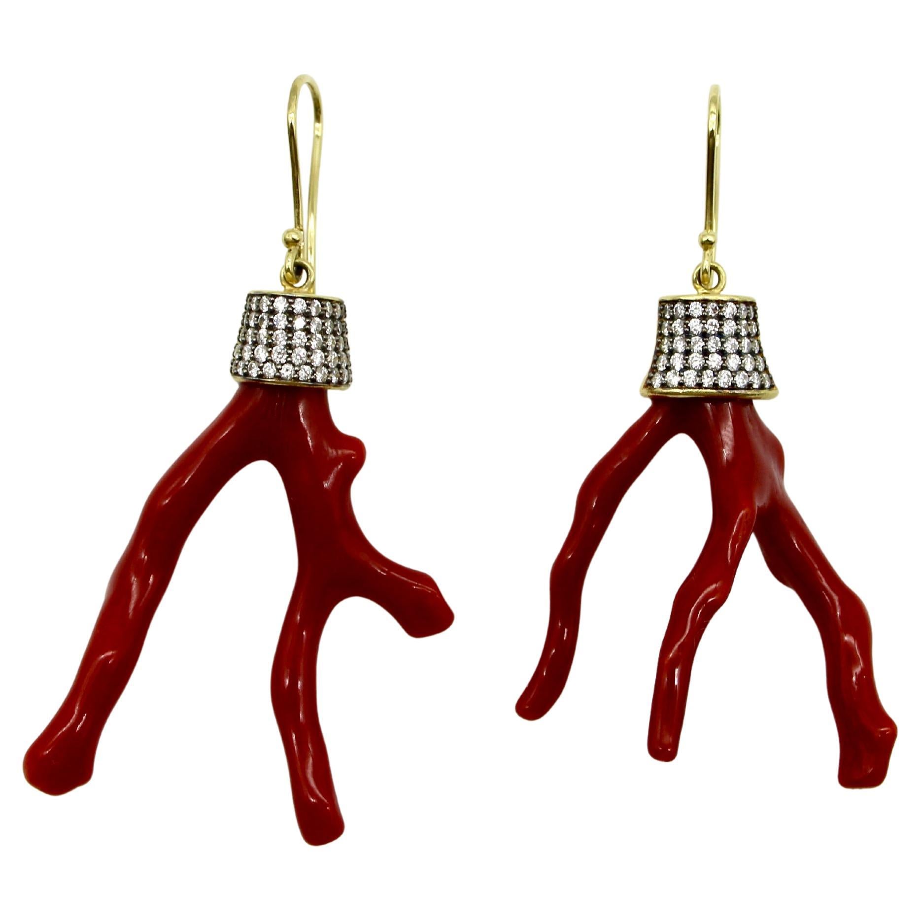 18K Gold Signature Branch Coral and Diamond Studded Earrings For Sale