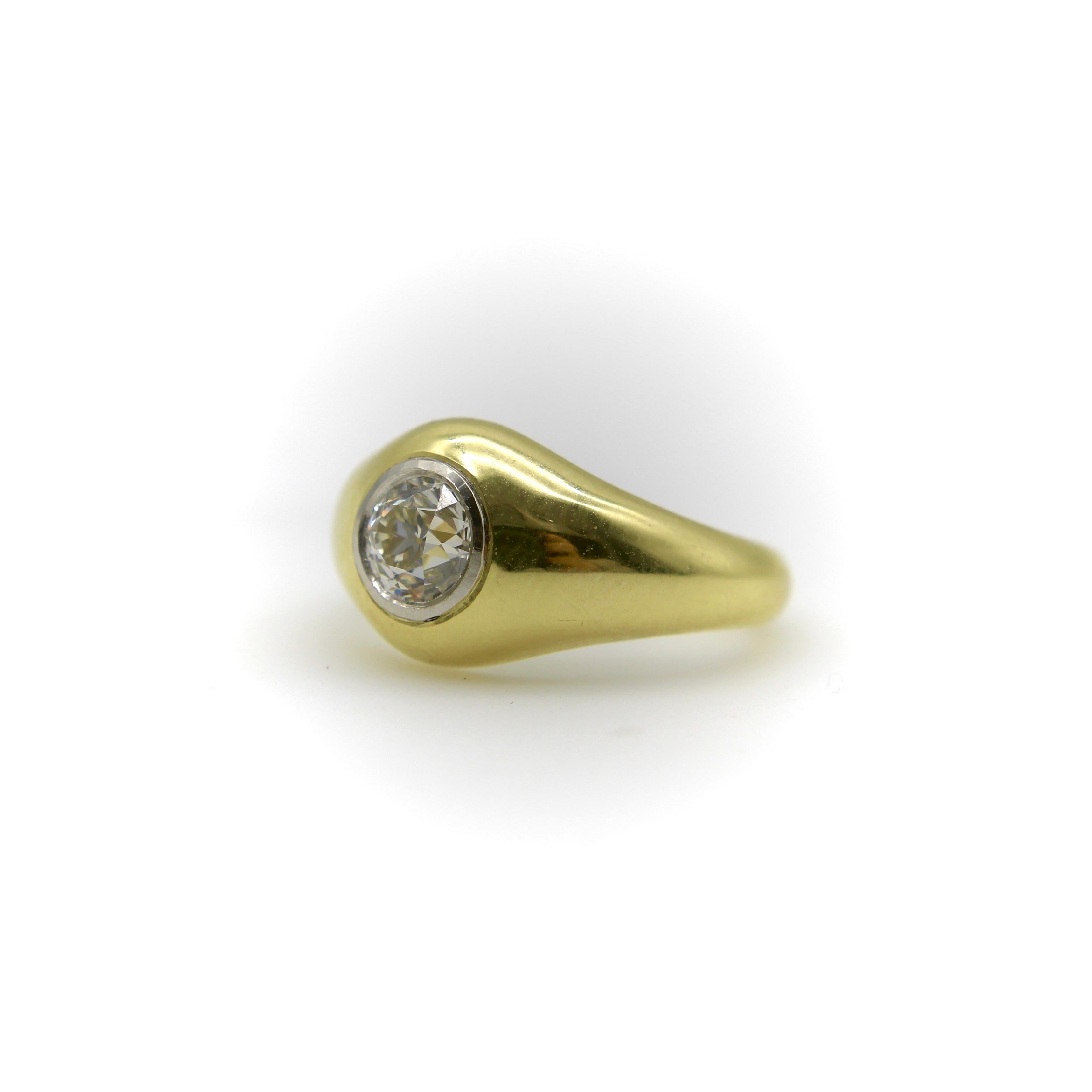 18K Gold Signature Old European Cut Diamond Signature Rub Over Ring In New Condition For Sale In Venice, CA