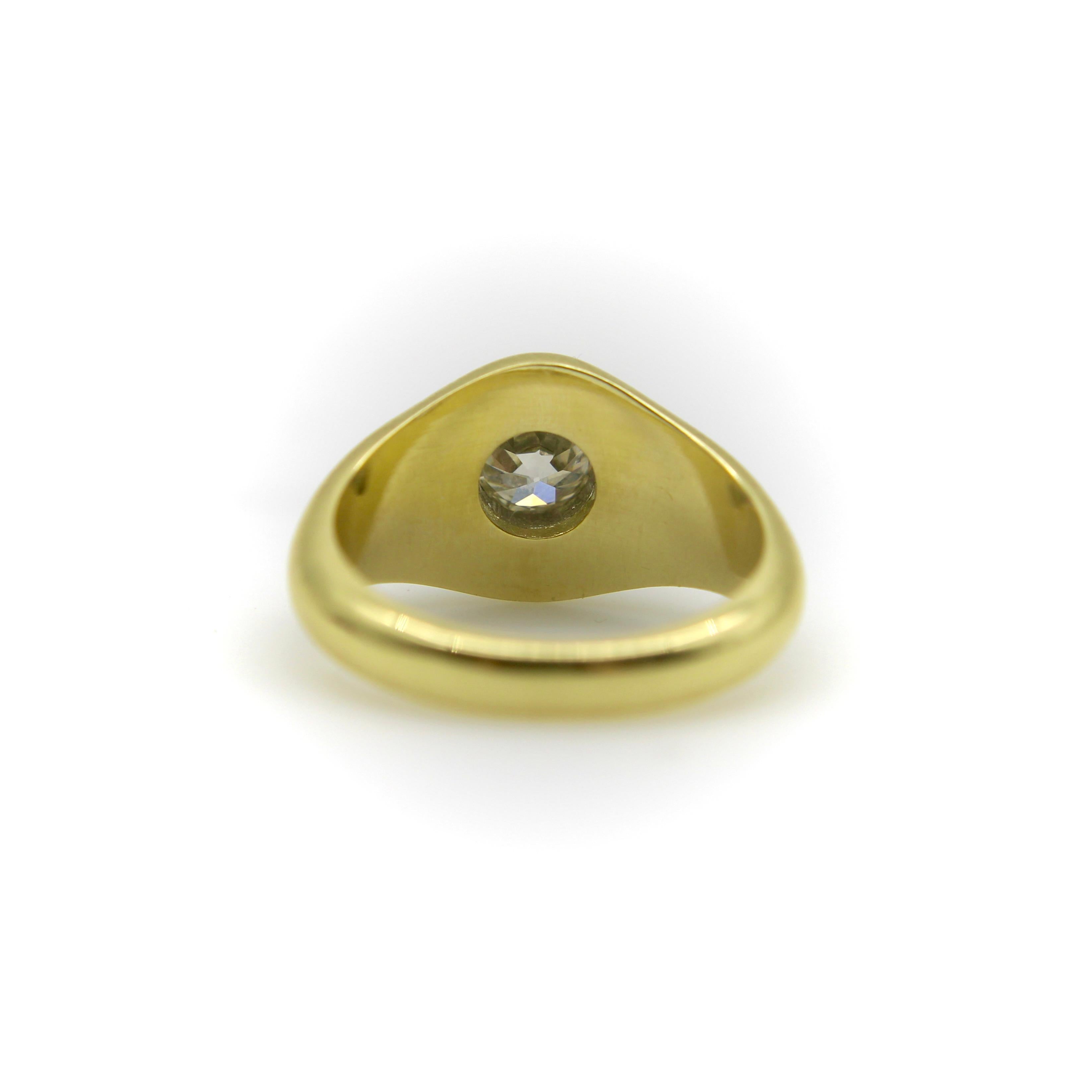 Women's or Men's 18K Gold Signature Old European Cut Diamond Signature Rub Over Ring For Sale