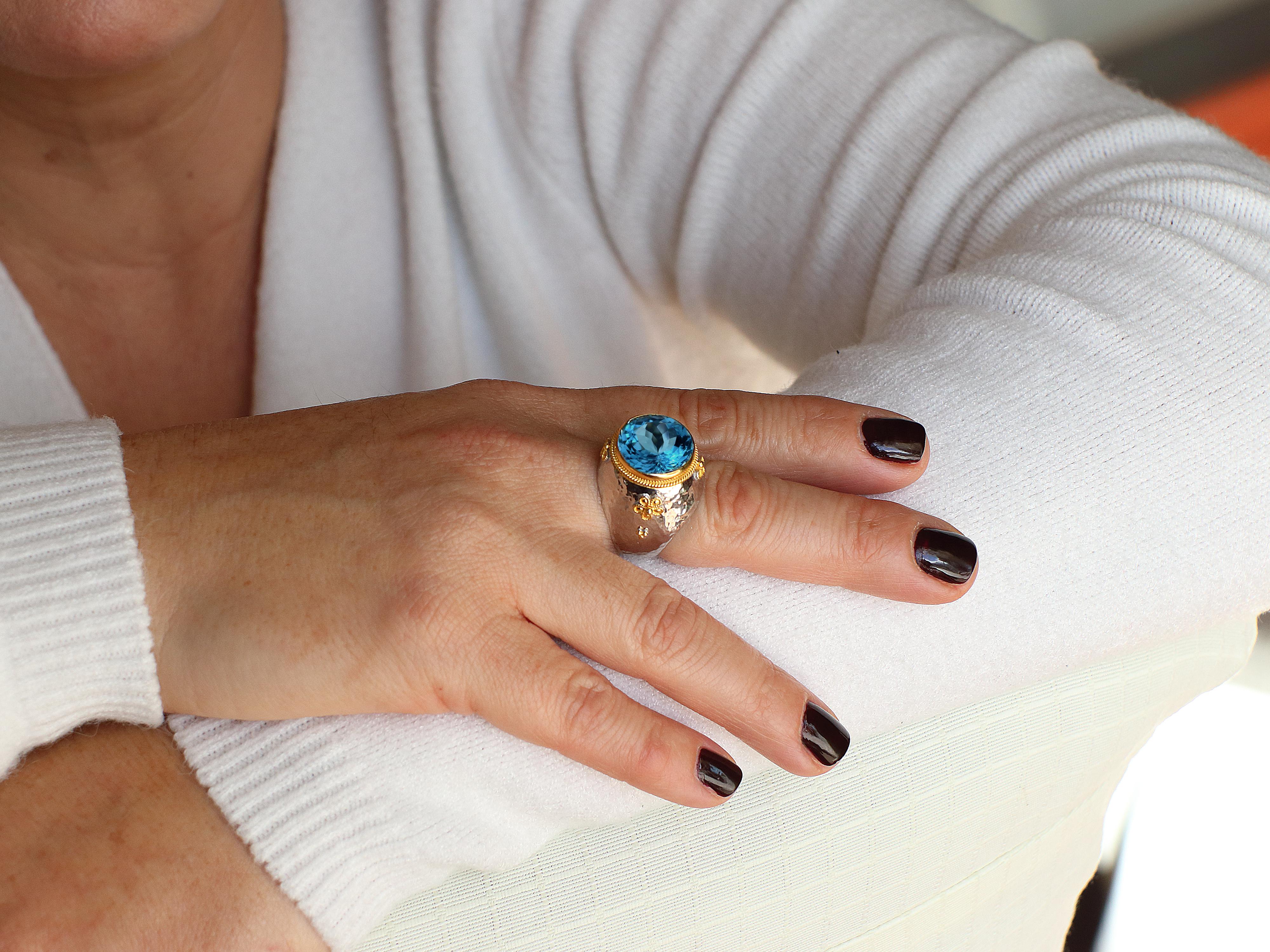 Neoclassical 18k Gold & Silver Baby Blue Topaz Hammered Ring For Sale