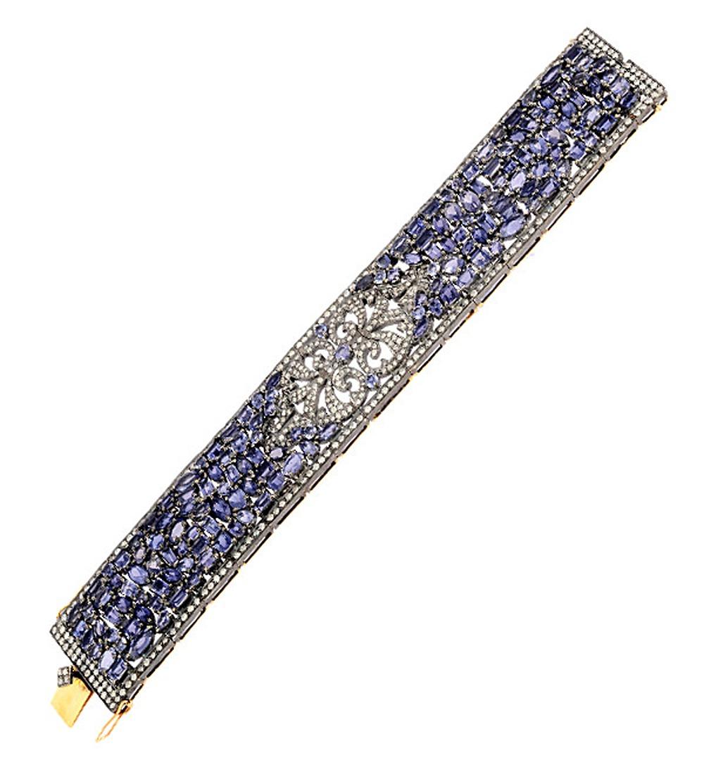 Contemporary 18k Gold & Silver Bracelet with Mixed Iolite & Pave Diamonds in Flower Setting For Sale