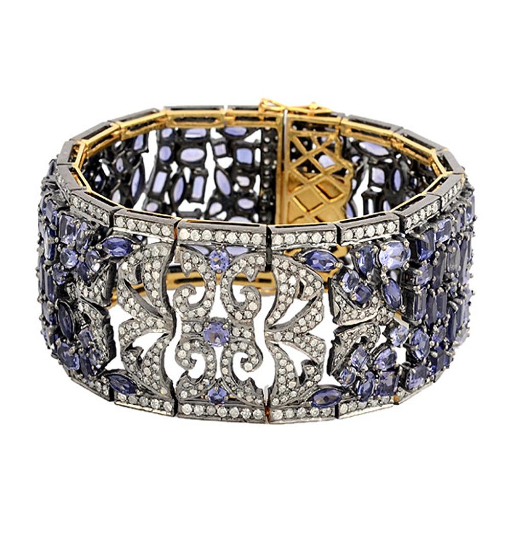 Mixed Cut 18k Gold & Silver Bracelet with Mixed Iolite & Pave Diamonds in Flower Setting For Sale