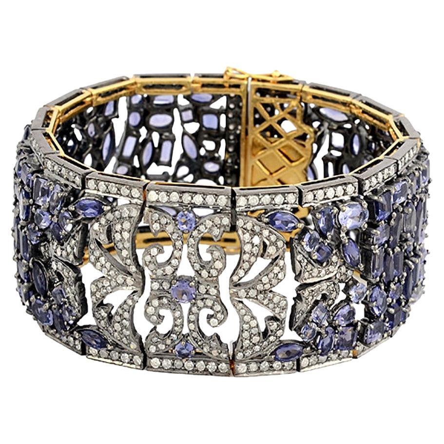 18k Gold & Silver Bracelet with Mixed Iolite & Pave Diamonds in Flower Setting For Sale