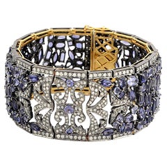 18k Gold & Silver Bracelet with Rose Cut Iolite & Pave Diamond in Flower Setting