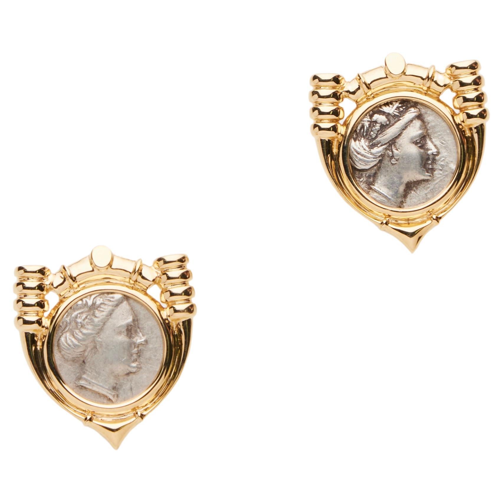18K Gold Silver Coins Shield Shape Earring For Sale