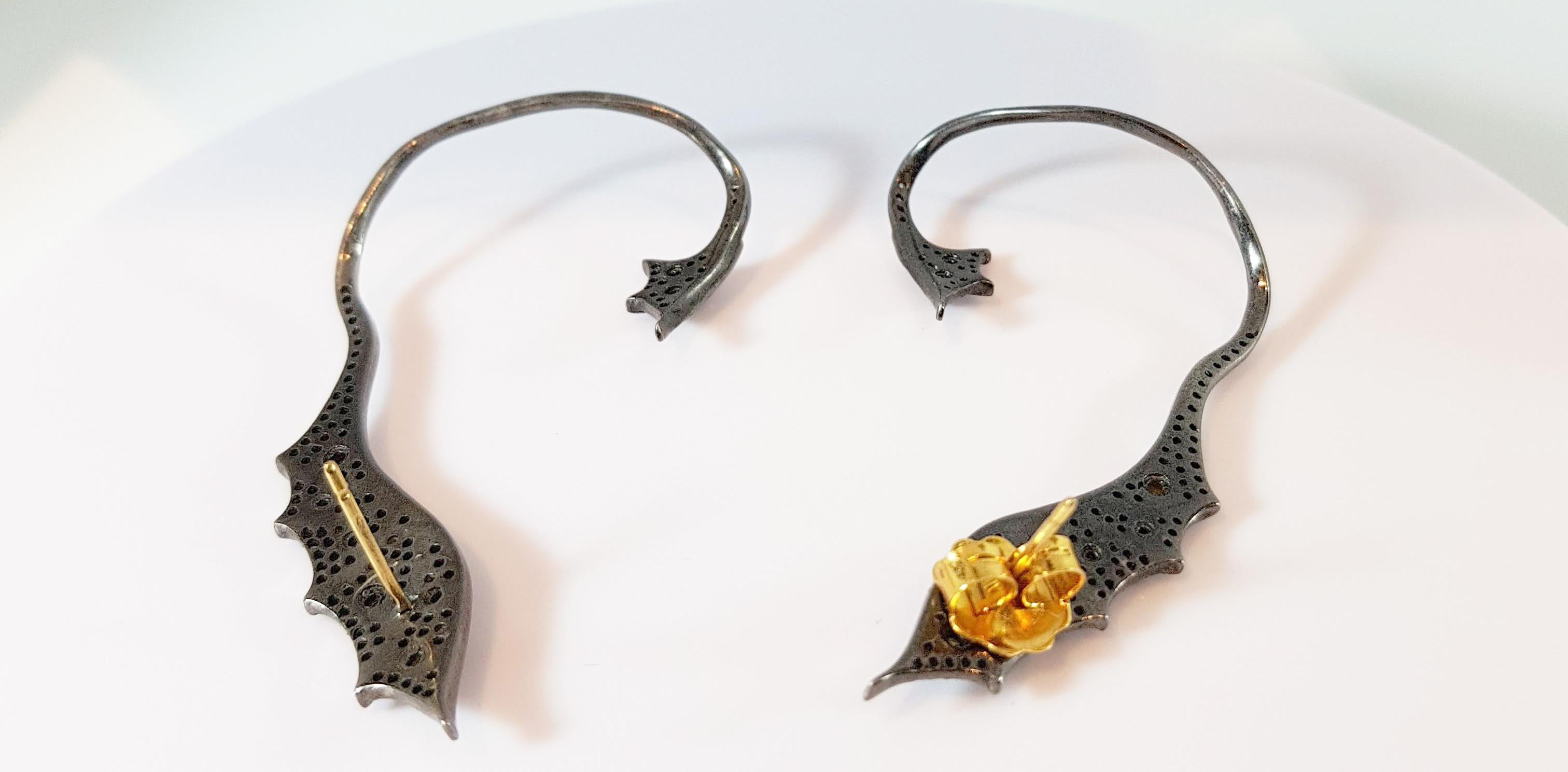 Rose Cut 18 Karat Gold and Silver Dragon Cuff Earrings with Diamonds and Yellow Saphires For Sale