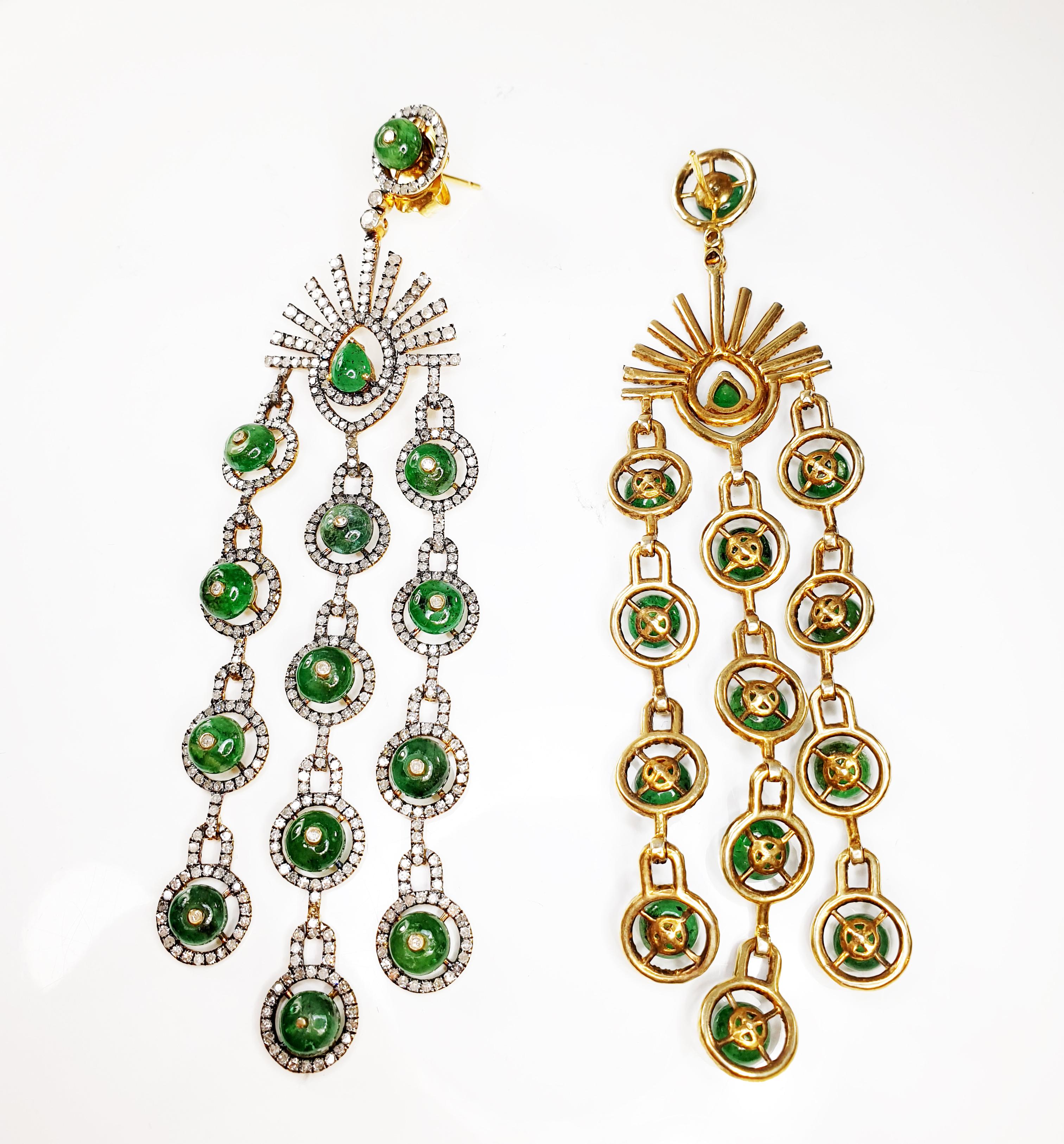 Brilliant Cut 18 Karat Gold and Silver Earrings with Diamonds and Emeralds For Sale