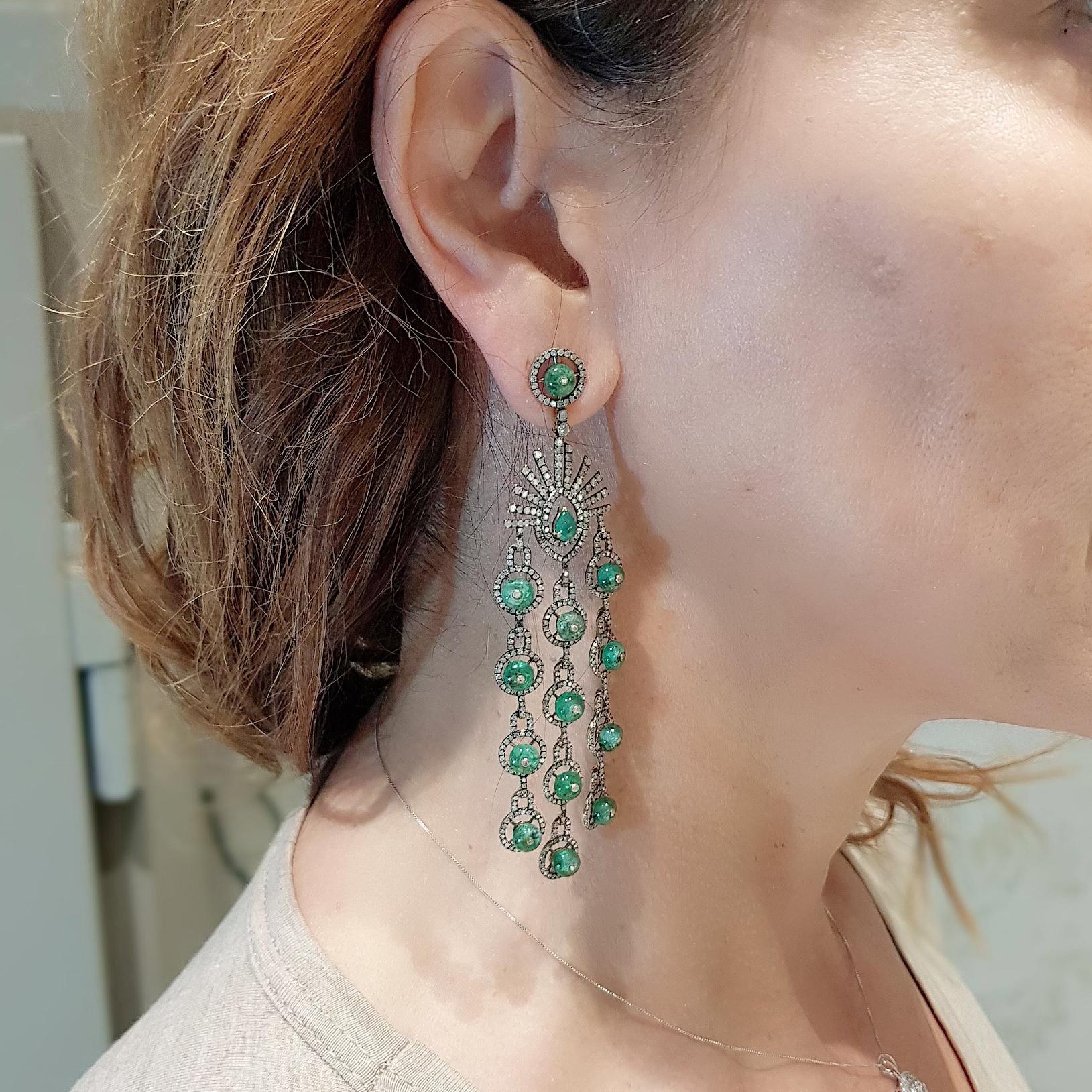 Women's 18 Karat Gold and Silver Earrings with Diamonds and Emeralds For Sale