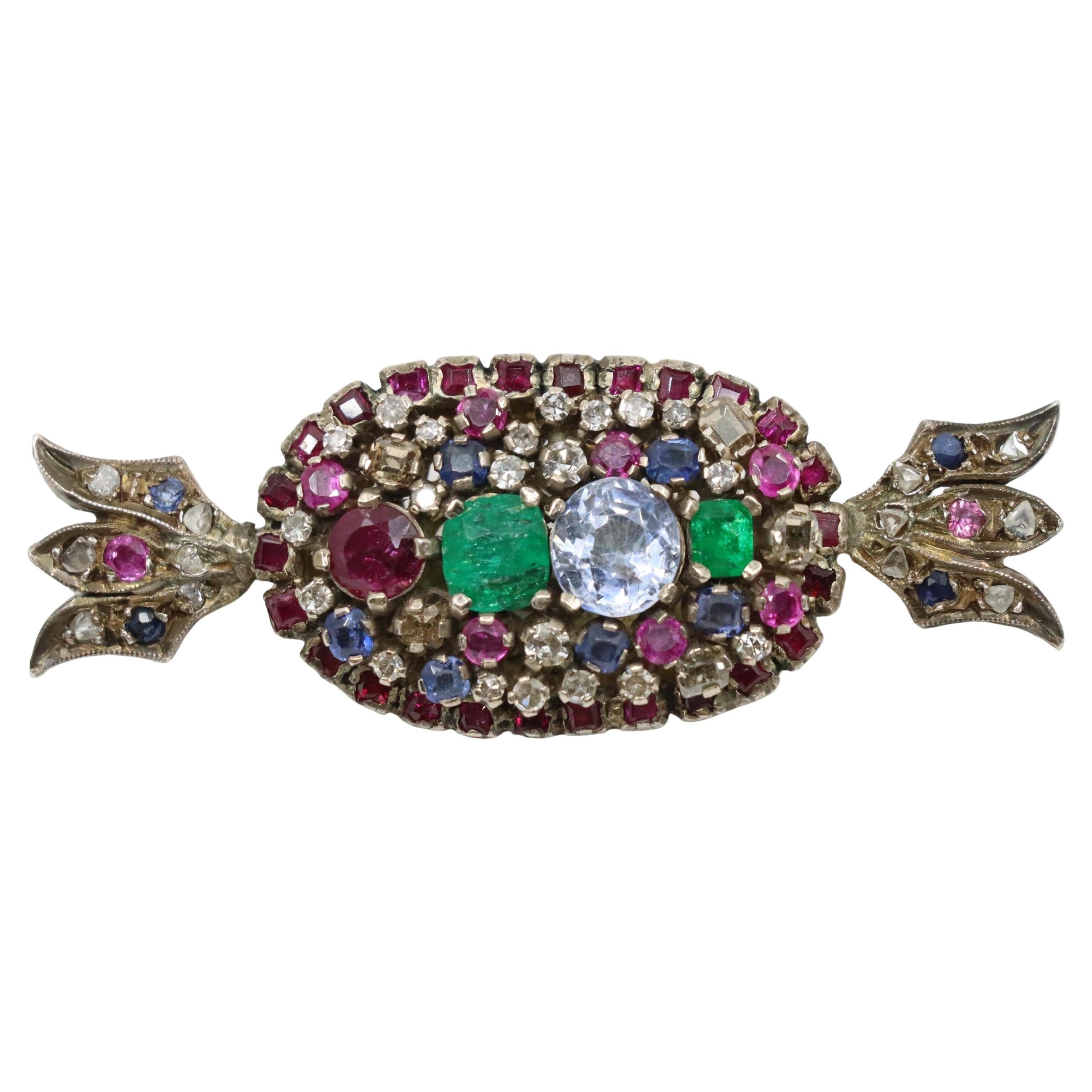 18K Gold & Silber Muti-Gem Candy Brosche
