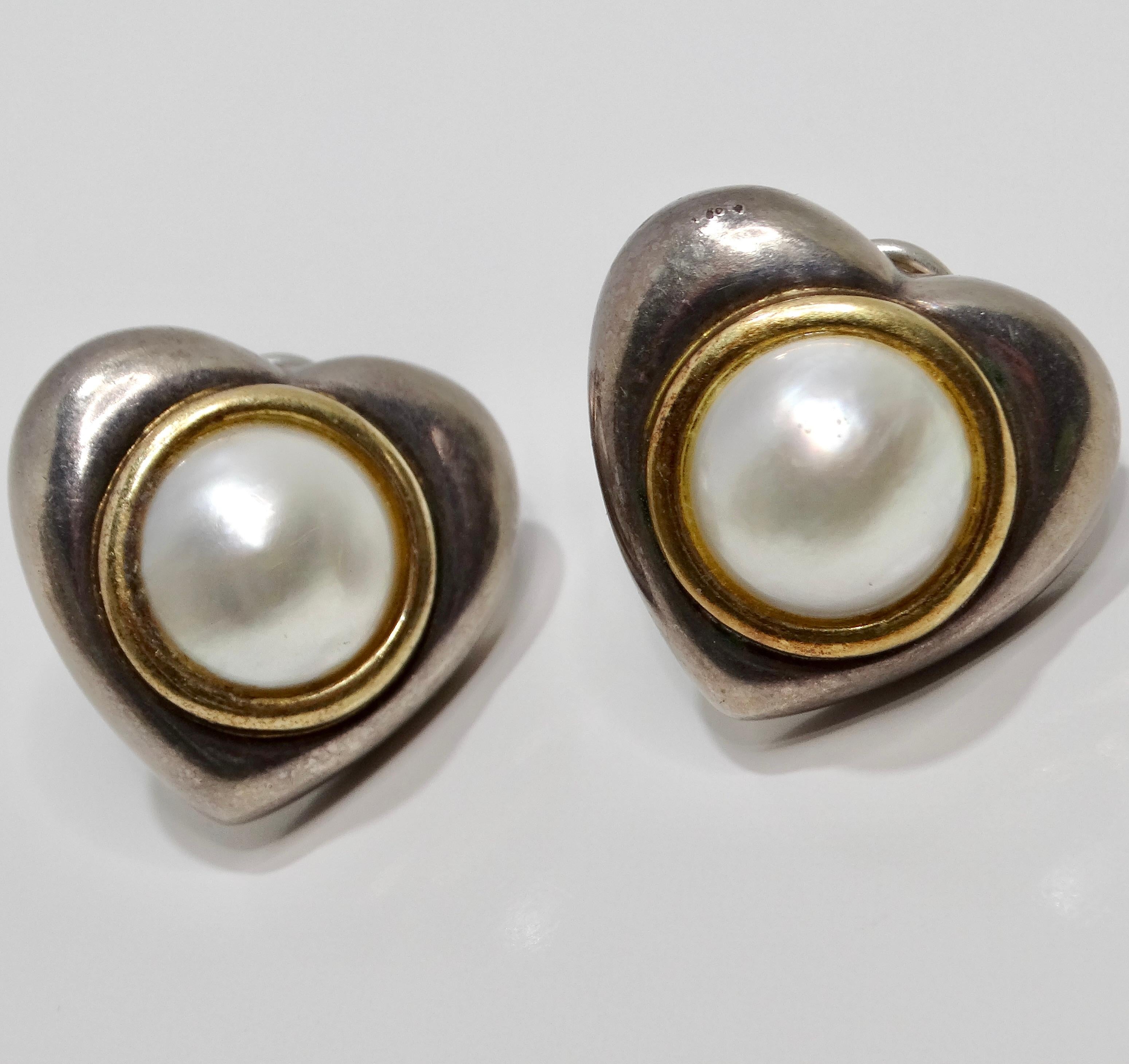 Ball Cut 18K Gold Silver Pearl 1960s Heart Earrings For Sale