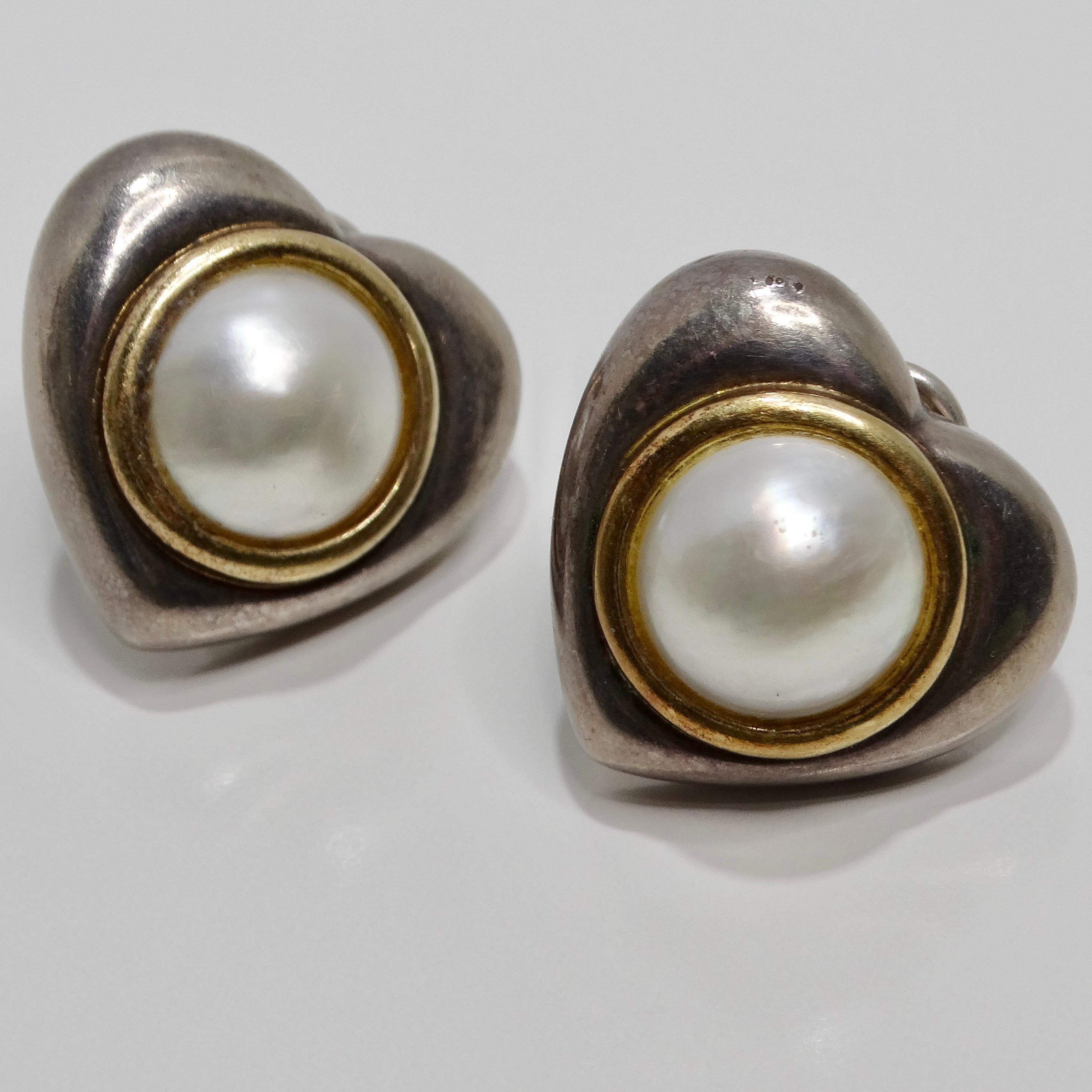 18K Gold Silver Pearl 1960s Heart Earrings In Good Condition For Sale In Scottsdale, AZ