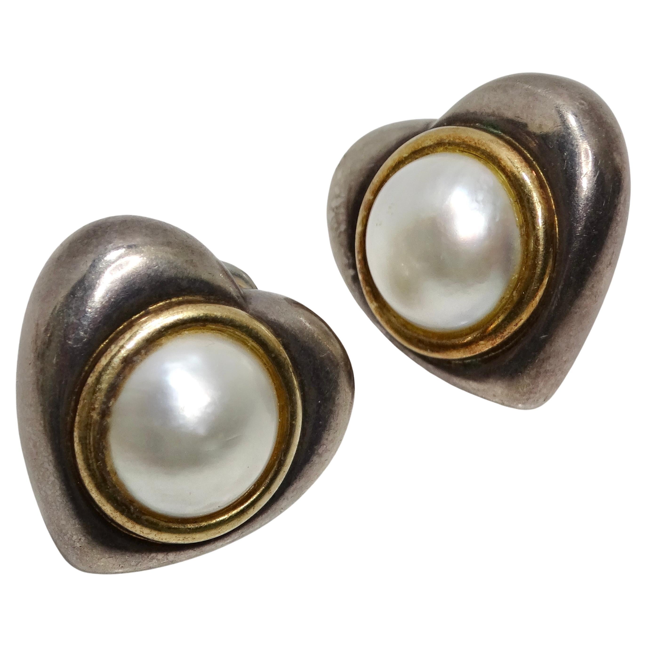 18 Karat Gold Silber Perle 1960er Jahre Herz-Ohrringe im Angebot