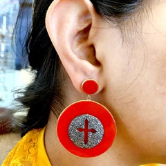 18k Gold & Silver Red Enameled Disc Earrings With Pave Diamonds on It
