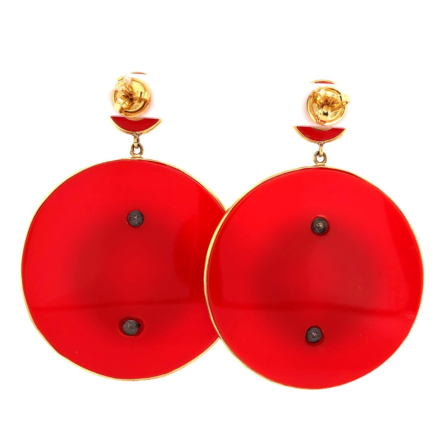 Art Deco 18k Gold & Silver Red Enameled Disc Earrings With Pave Diamonds on It For Sale
