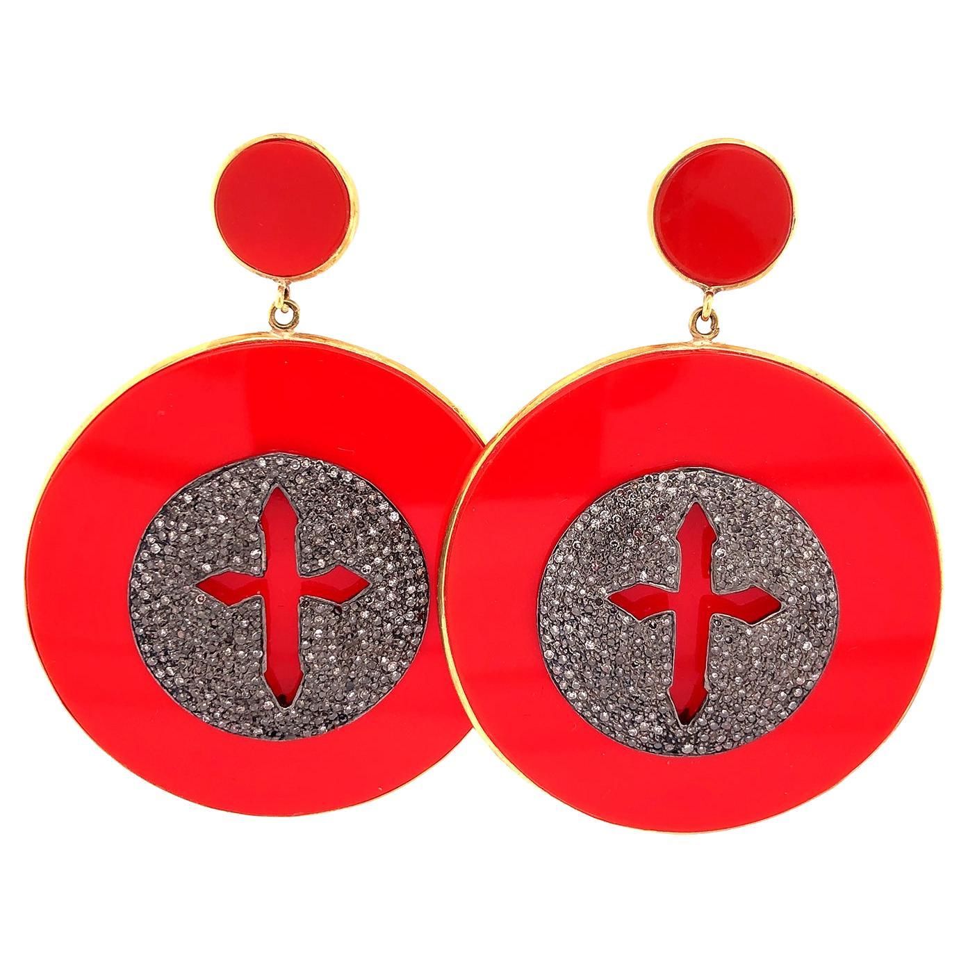 18k Gold & Silver Red Enameled Disc Earrings With Pave Diamonds on It