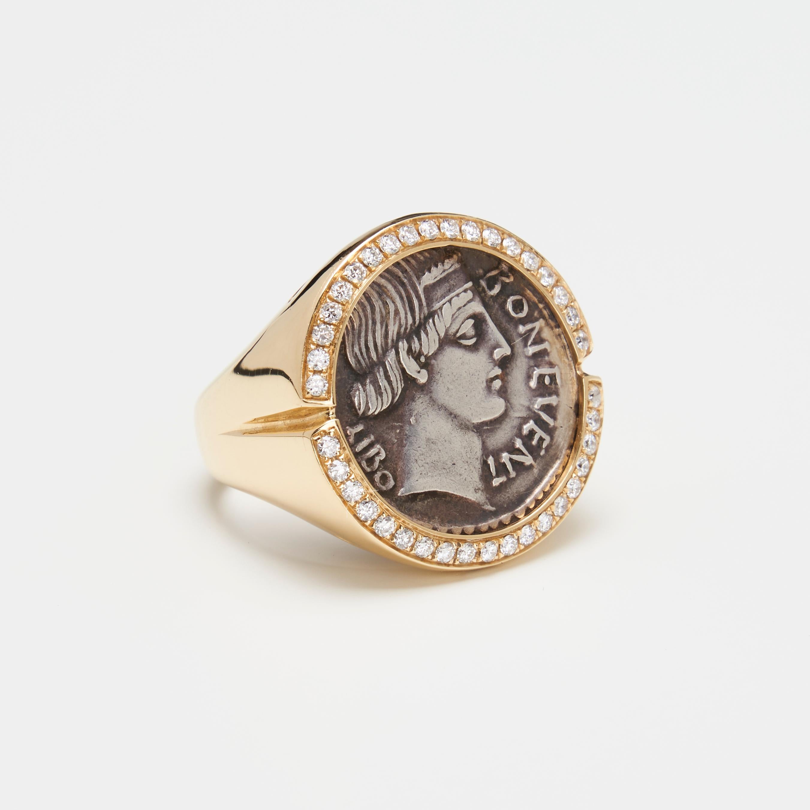 Women's or Men's 18K Gold Silver Roma Coin Ring w/ Diamonds For Sale