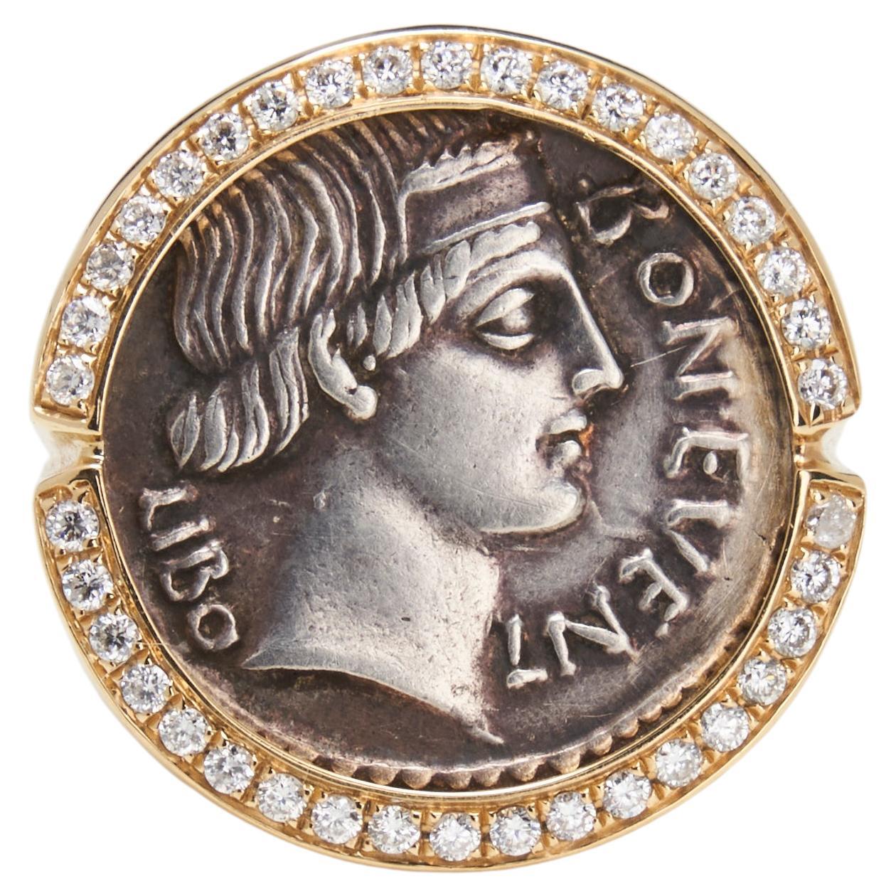 18K Gold Silver Roma Coin Ring w/ Diamonds