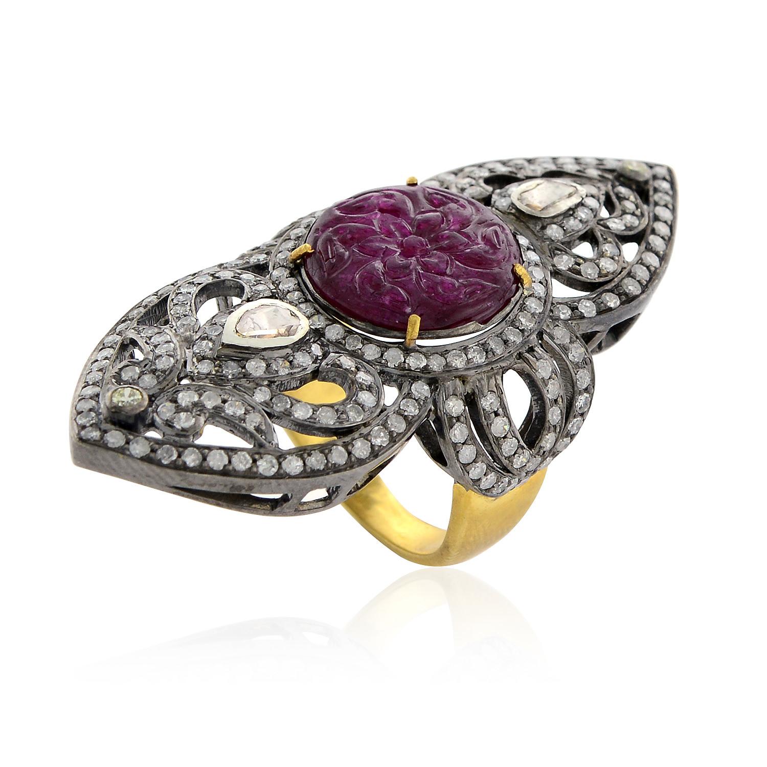 Art Deco 18k Gold & Silver Carved Ruby Knuckle Ring Adorned with Pave Diamonds For Sale