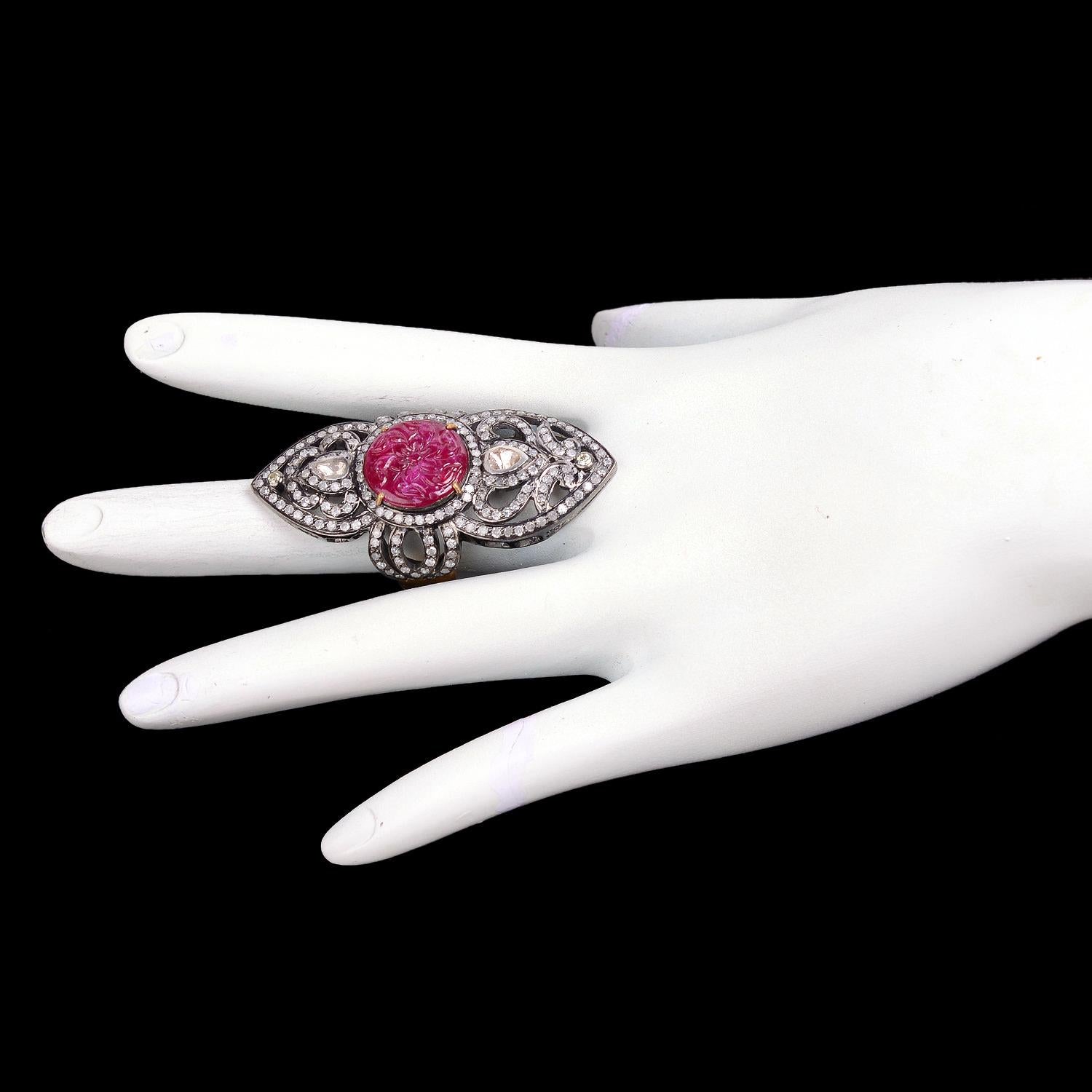 Mixed Cut 18k Gold & Silver Carved Ruby Knuckle Ring Adorned with Pave Diamonds For Sale