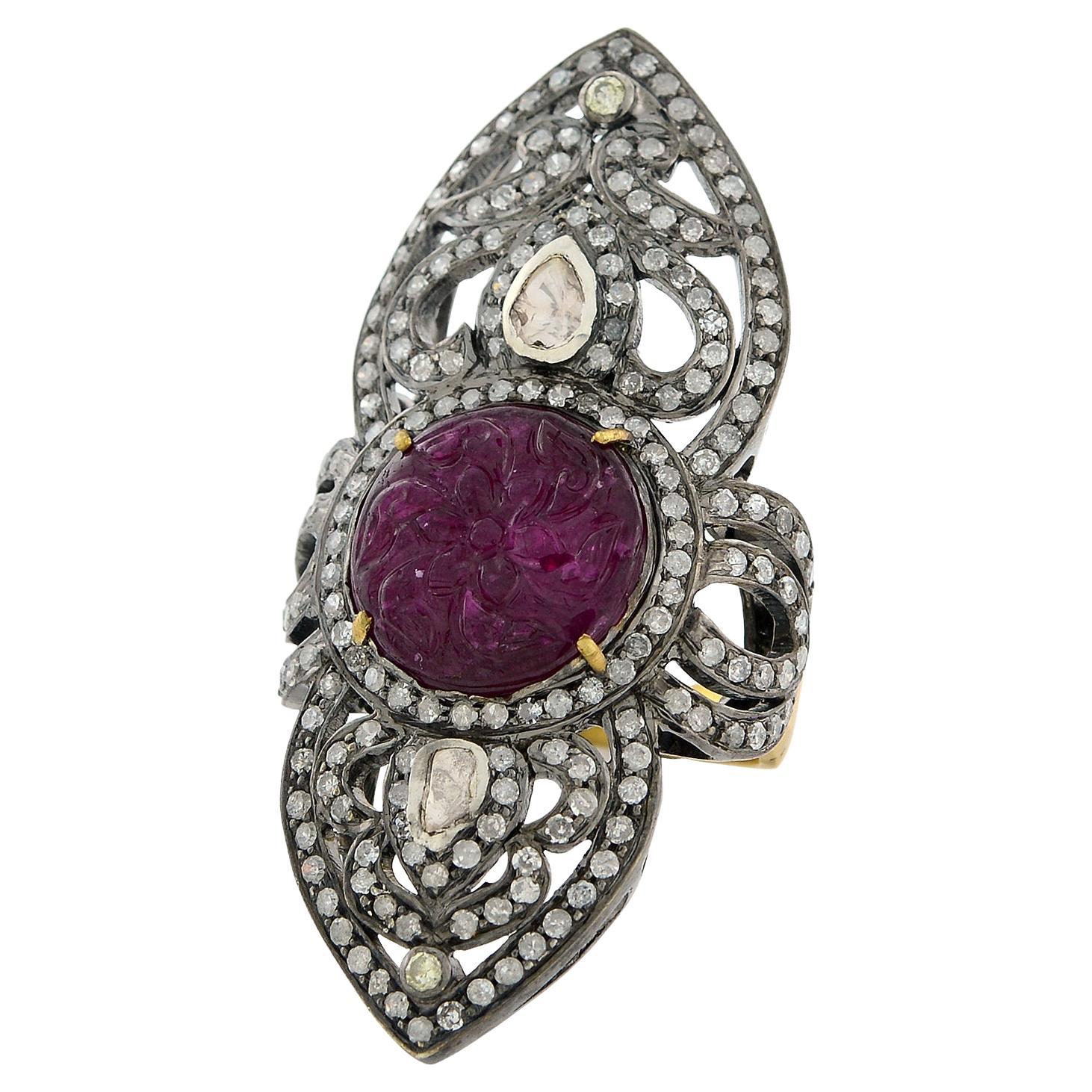 18k Gold & Silver Carved Ruby Knuckle Ring Adorned with Pave Diamonds For Sale