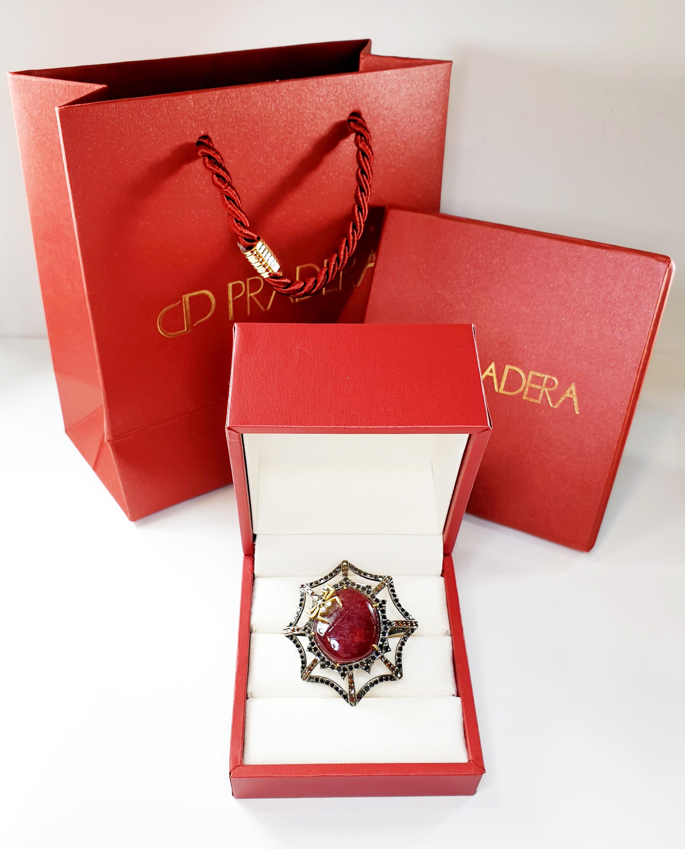 Brilliant Cut 18 Karat Gold and Silver Spider Ruby and Black Diamond Ring For Sale