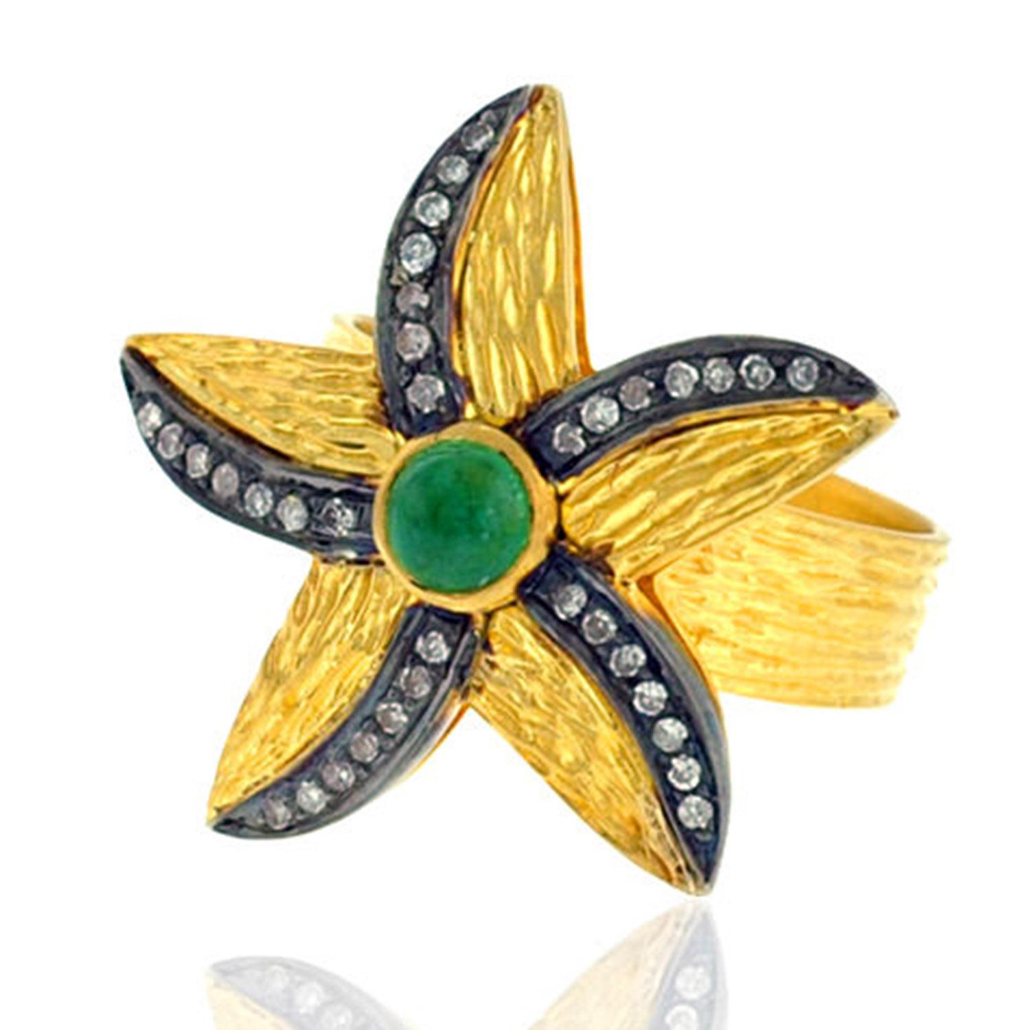 18k Gold & Silber Seesternförmiger Ring mit Smaragd & schwarzen Diamanten besetzt (Art nouveau)