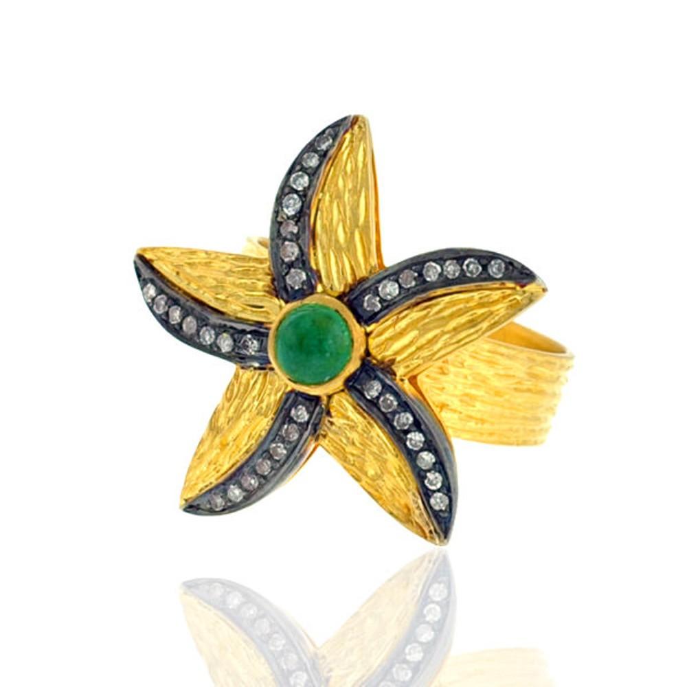 Mixed Cut 18k Gold & Silver Starfish Shaped Ring Accented With Emerald & Black Diamonds For Sale
