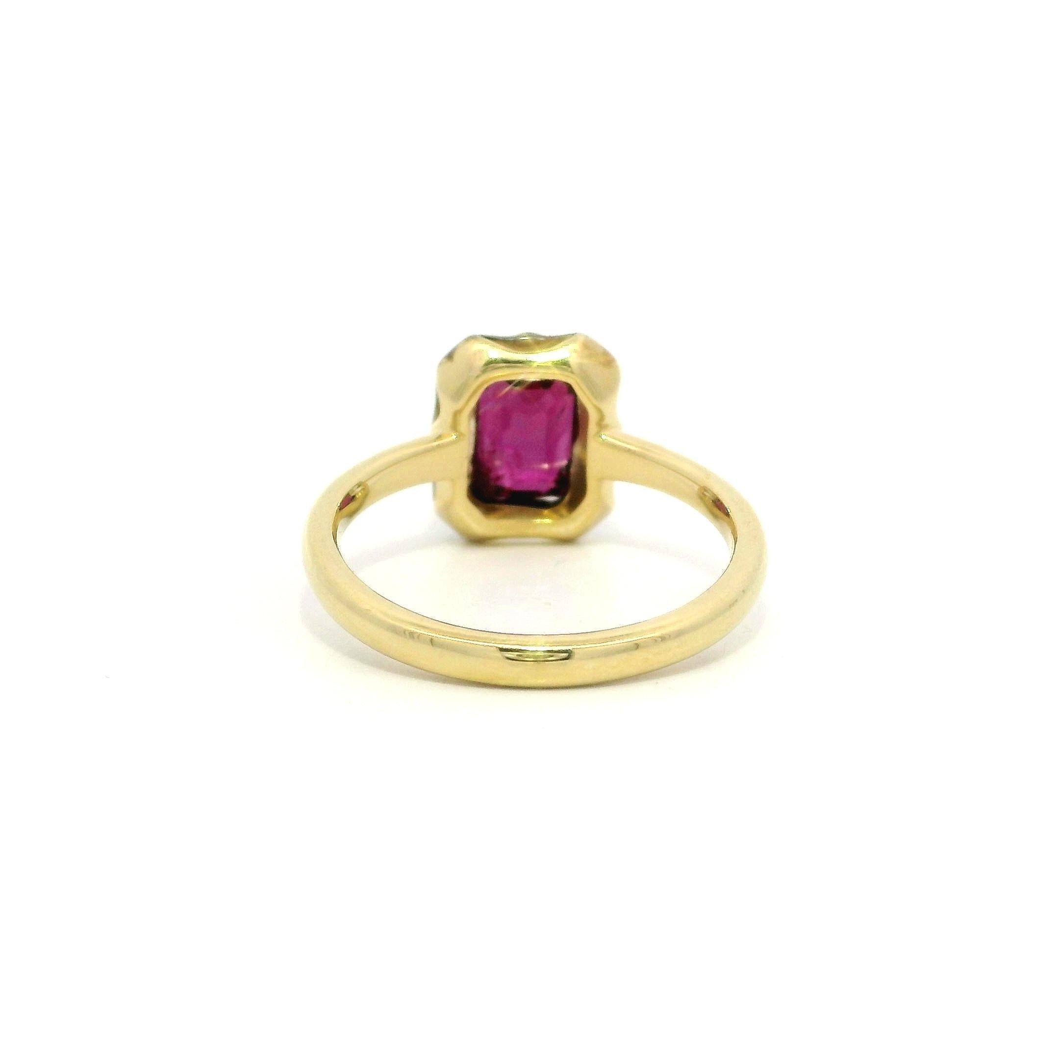 18k Gold & Silver Top GIA 1.53ct Emerald Cut Collet Set Ruby Solitaire Low Ring In New Condition For Sale In Montclair, NJ