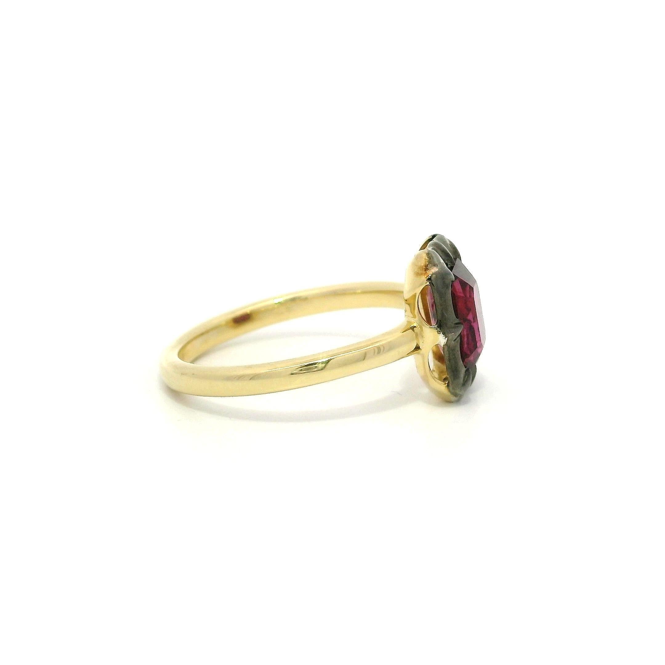 Women's 18k Gold & Silver Top GIA 1.53ct Emerald Cut Collet Set Ruby Solitaire Low Ring For Sale