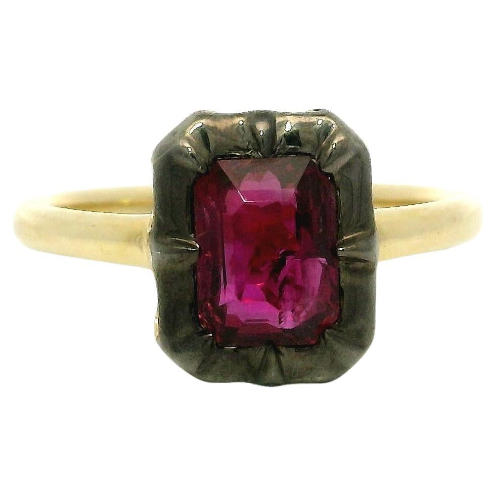 18k Gold & Silver Top GIA 1.53ct Emerald Cut Collet Set Ruby Solitaire Low Ring For Sale