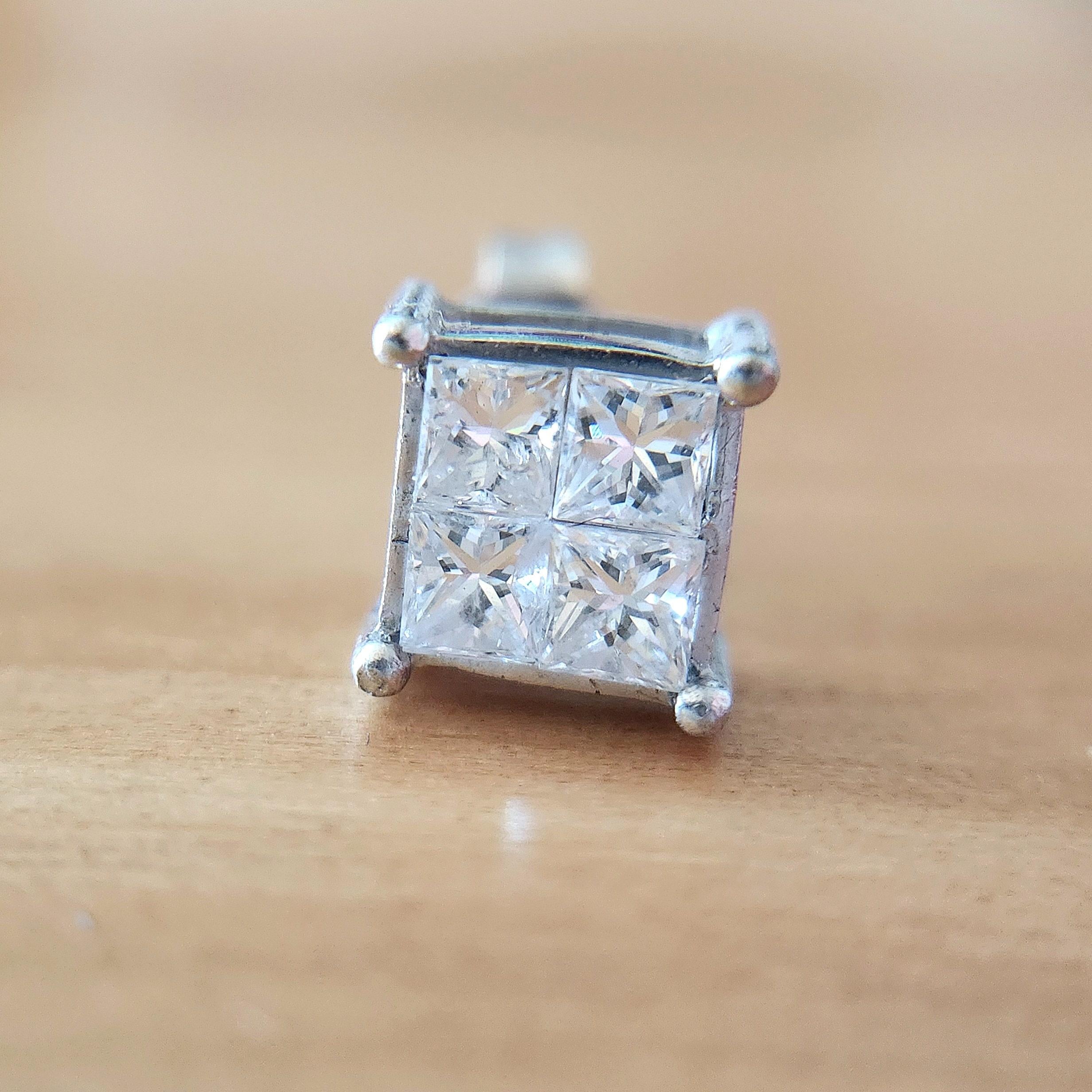 Women's or Men's 18K Gold Single Diamond Princess Cut Illusion Set Stud Earring For Sale