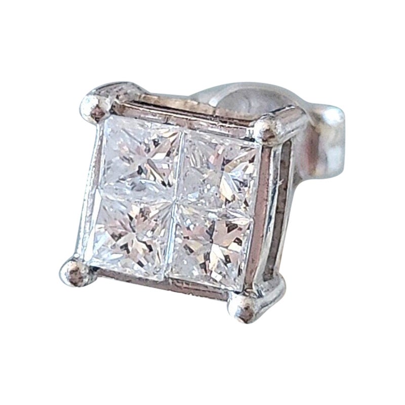 18K Gold Single Diamond Princess Cut Illusion Set Stud Earring For Sale