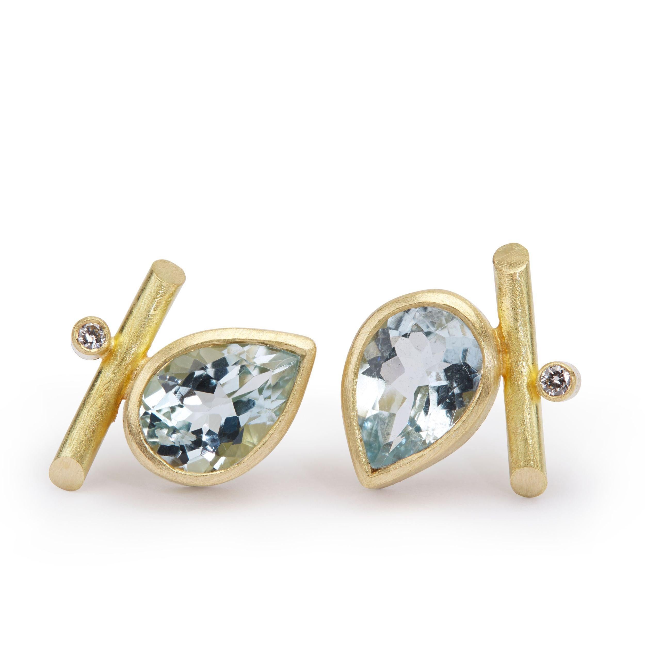 Pear Cut 18 Karat Gold, Sky Blue Topaz, Diamonds Angle Studs Pierced Earrings For Sale