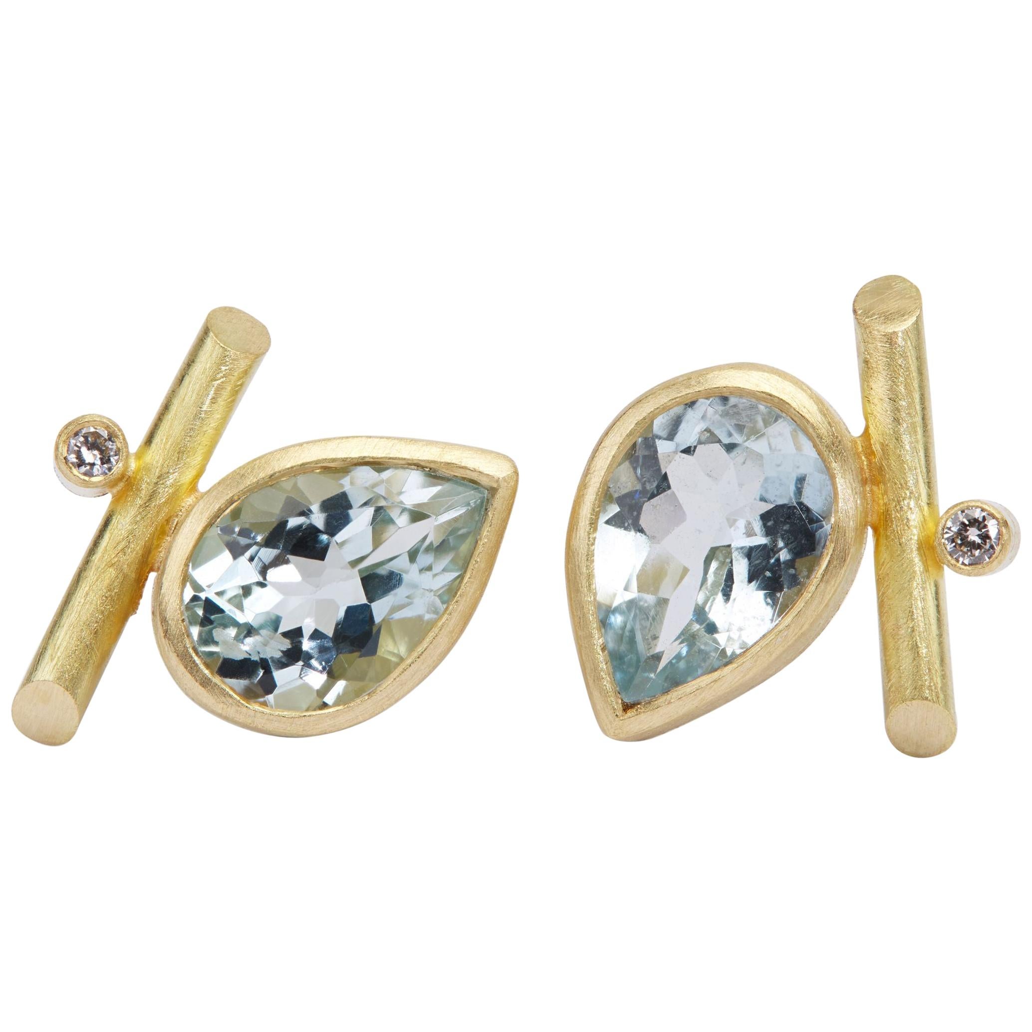 18K Gold, Sky Blue Topaz, Diamonds Angle Studs Pierced Earrings For Sale