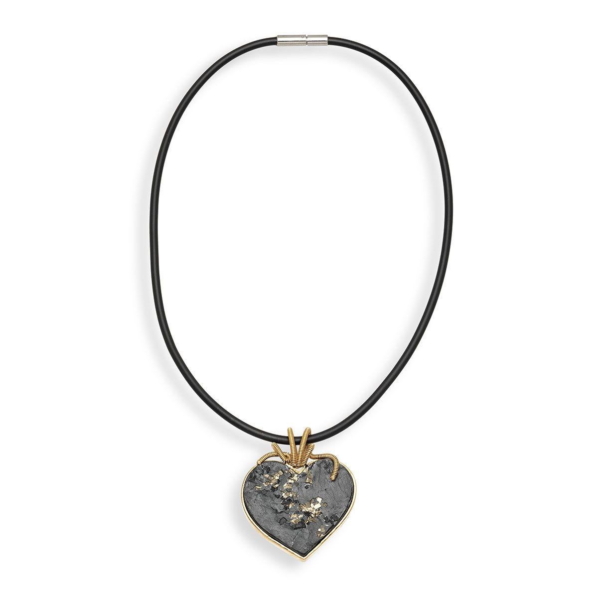 Contemporary 18k Gold Slate and Pyrite Heart Shaped Pendant, by Gloria Bass For Sale