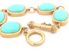 18k Gold Sleeping Beauty Turquoise Hammered Finish Toggle Clasp Bracelet
