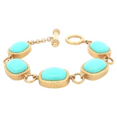 18k Gold Sleeping Beauty Turquoise Hammered Finish Toggle Clasp Bracelet