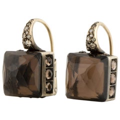 18K Gold Smokey Quartz and Diamond Earrings