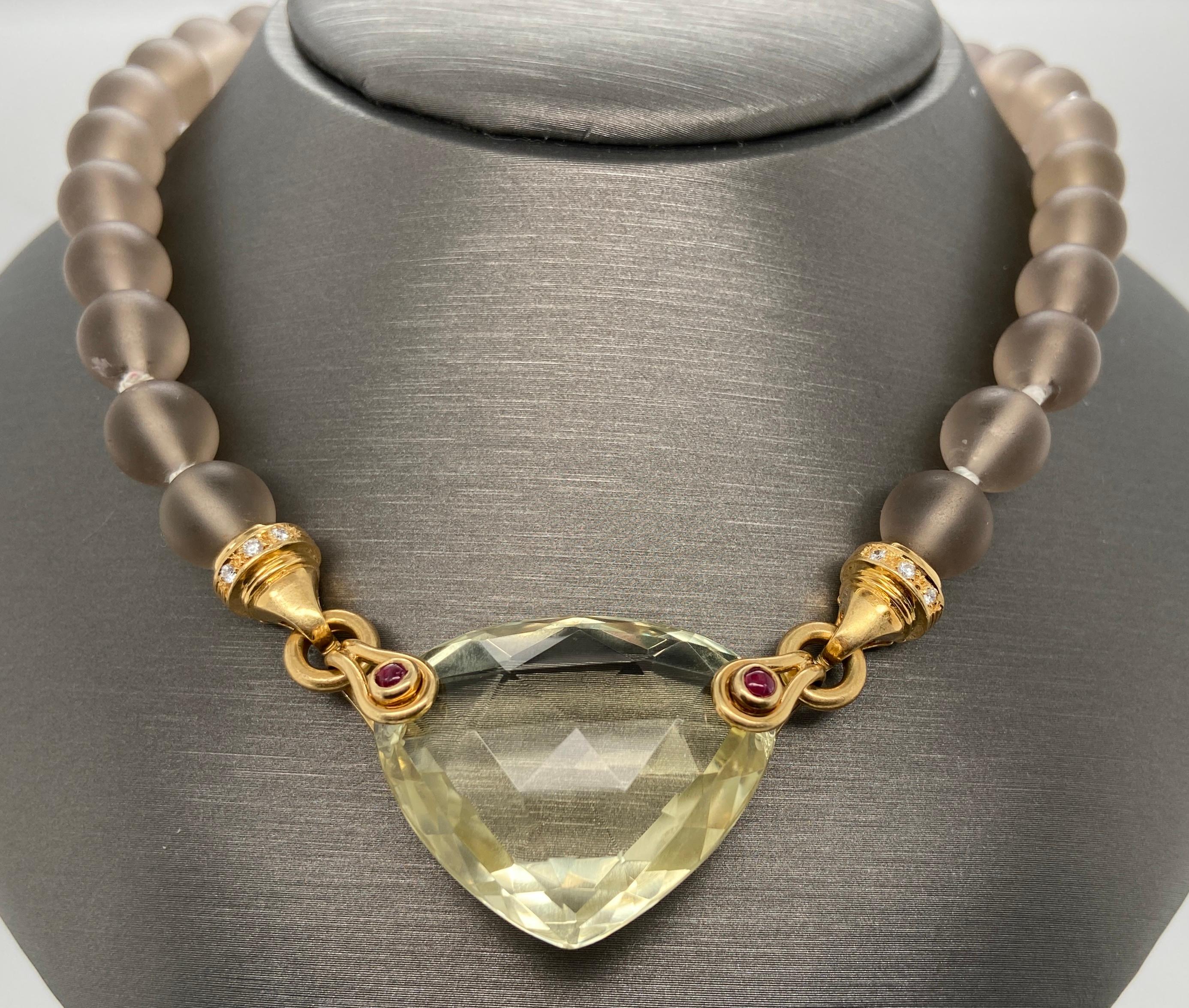 18K Gold Smoky Quartz, Citrine, Ruby, and Diamond Necklace  In Good Condition In Towson, MD