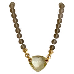 18K Gold Smoky Quartz, Citrine, Ruby, and Diamond Necklace 