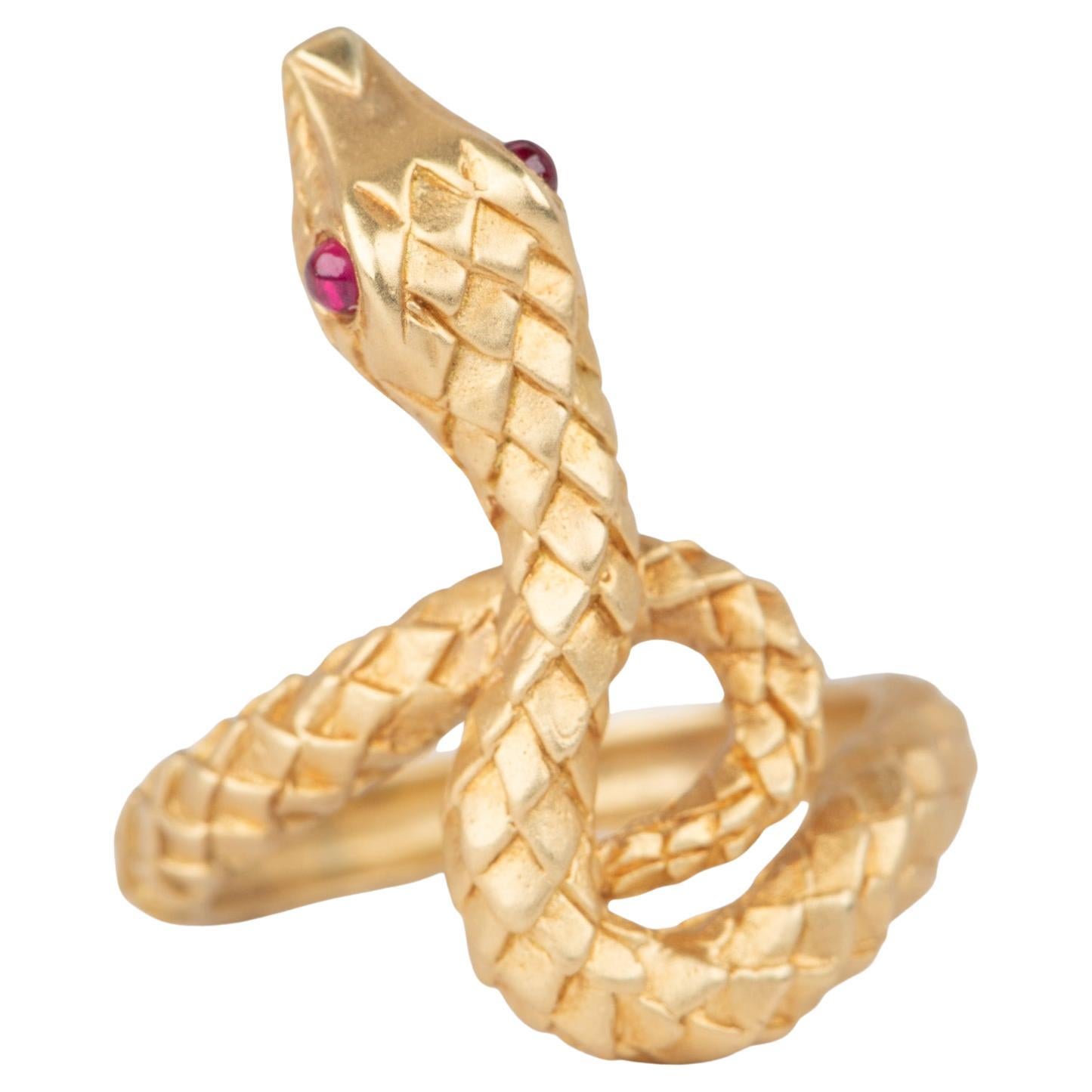 18K Gold Snake Coil Ring with Ruby Eyes 7g+ Unique Scale Skin Texture R6666