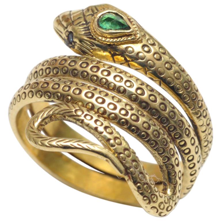 18 Karat Gold Snake Ring with Emeralds and Sapphires