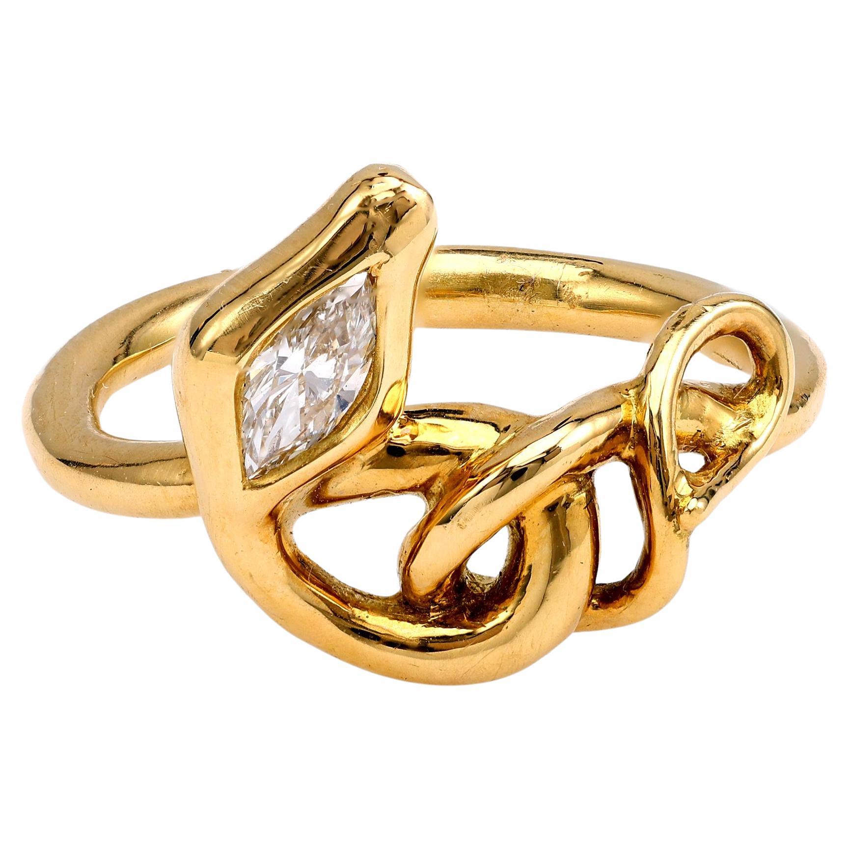 18k Gold Snake Ring with Marquise Diamond