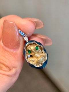 Designed "Baby Snake Gold Egg" Emeralds & Diamonds Enameled Pendant