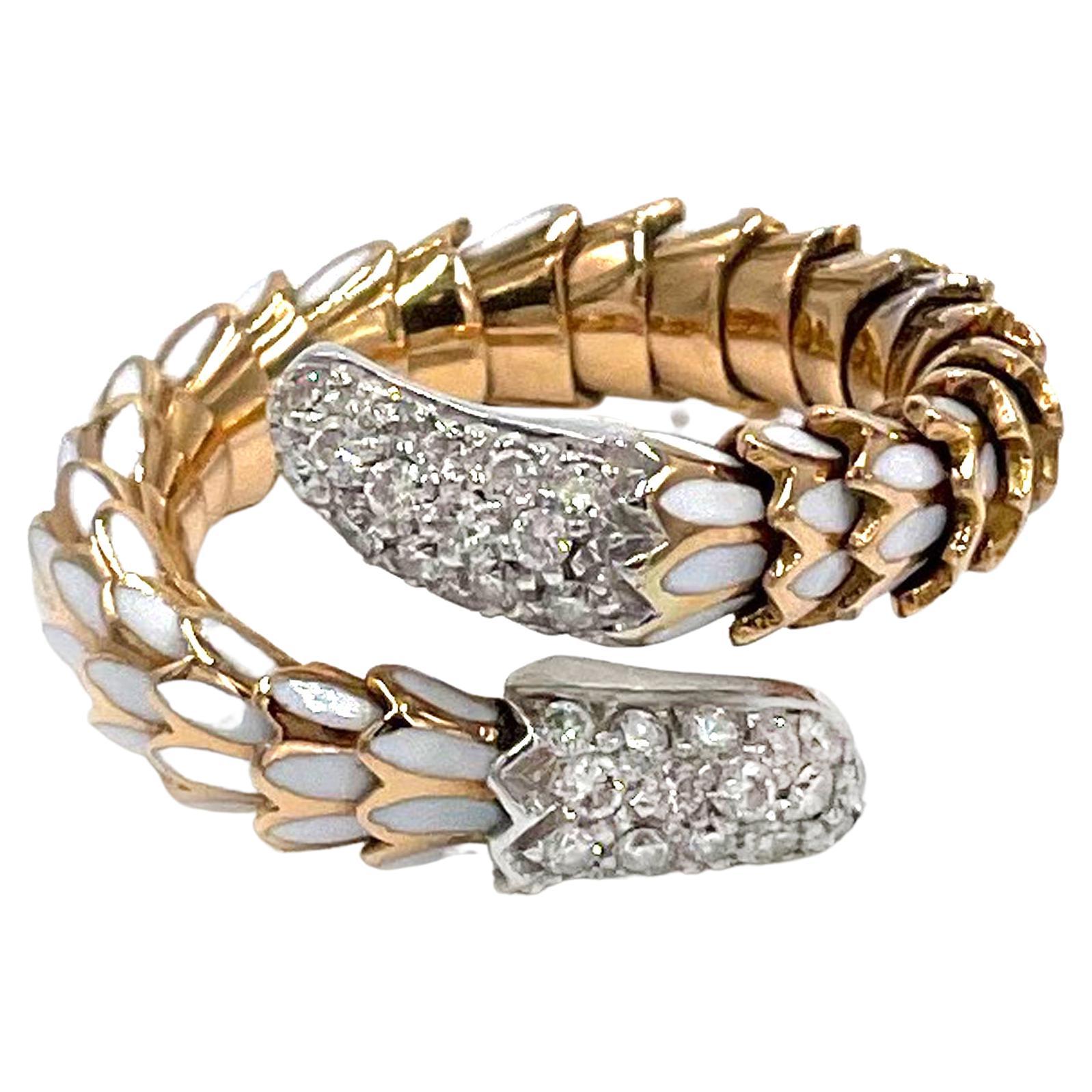 Roberto Coin Animalier 18K Gold Scale Wrap Ring with White Enamel & Diamond For Sale