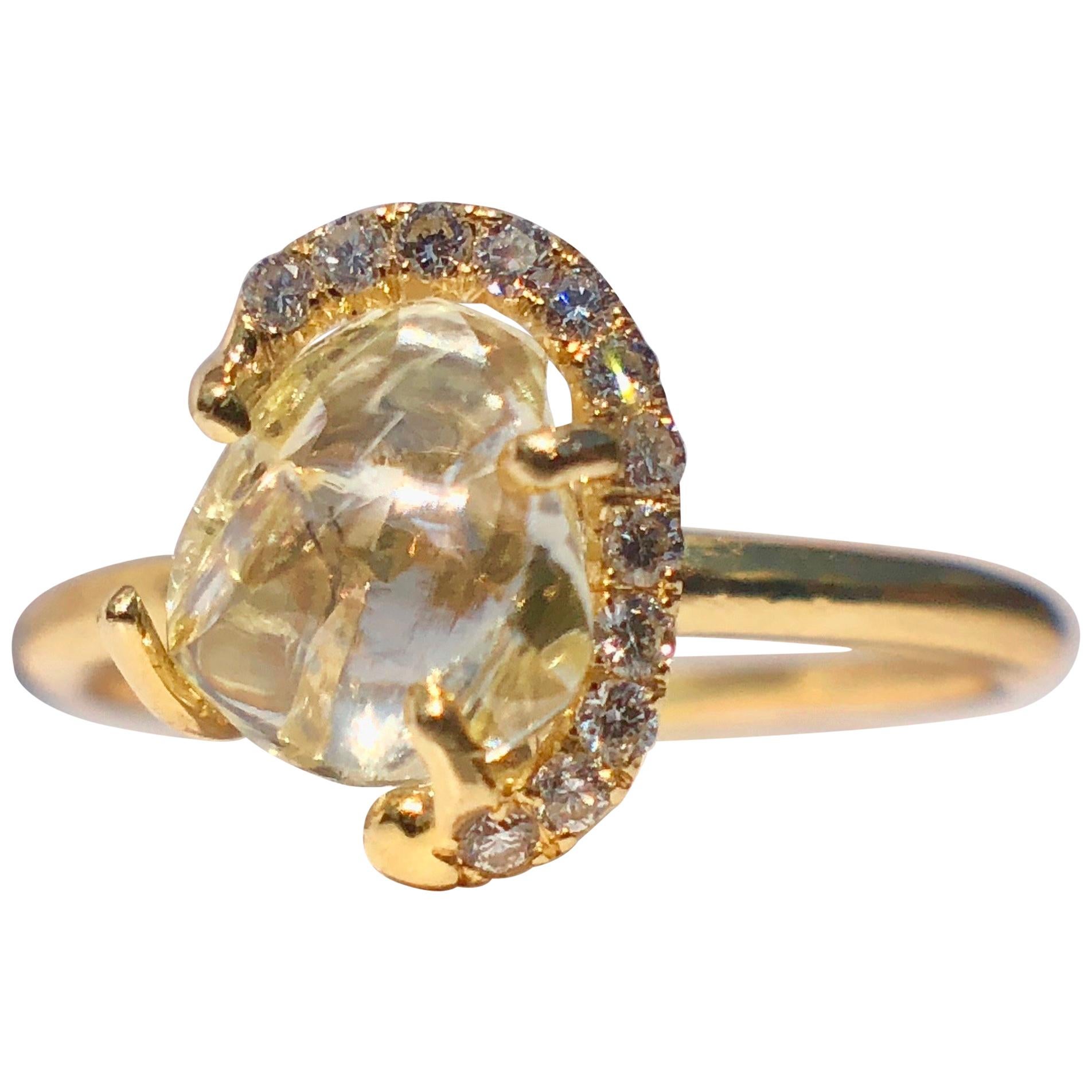 18k Gold Solitaire Raw Rough Yellow Diamond Engagement White Halo 1.30ct TW Ring For Sale